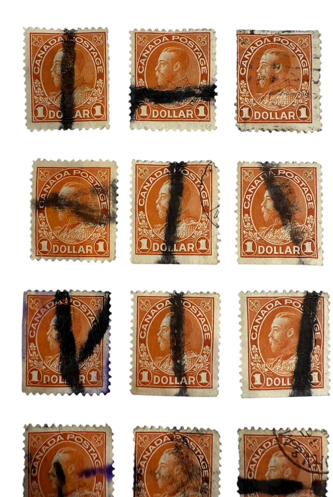 Three complete sheets (120 total) of Canada Scott #122 $1 King George V stamps with fiscal pen cancels. Early 1900s revenue history. Great collector value.