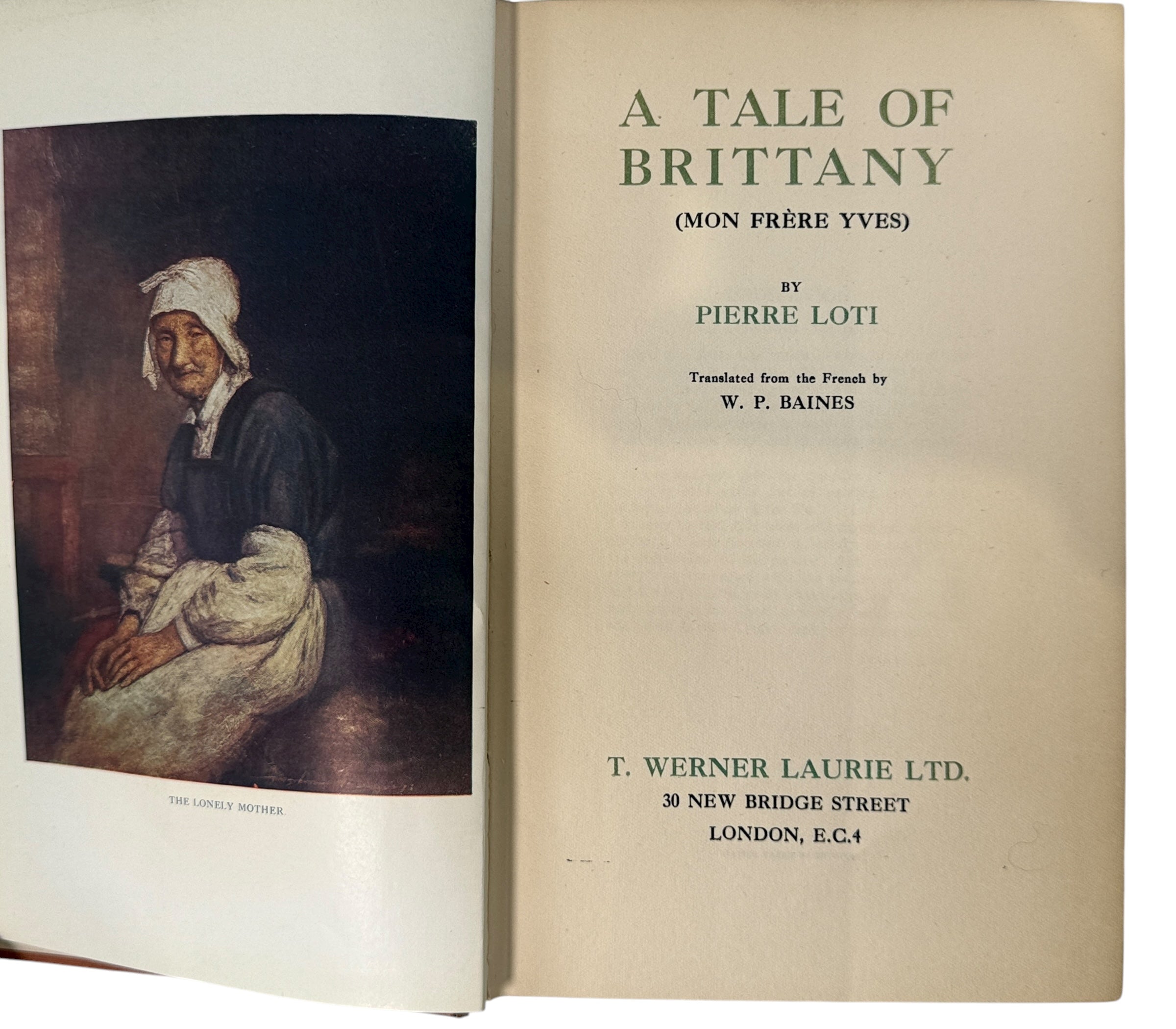 Vintage 1920s Pierre Loti A Tale of Brittany hardback with illustrated cover and frontispiece. Clean pages, classic Laurie edition. Ships from Montreal.