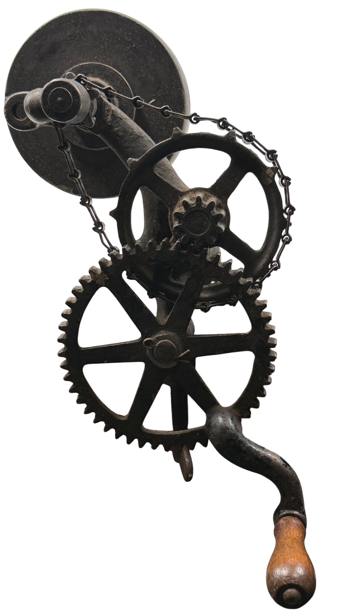 Working antique clamp-on cast-iron grinder with chain drive. Compact 19th-century sharpening tool, fully functional. Industrial décor or collector piece.