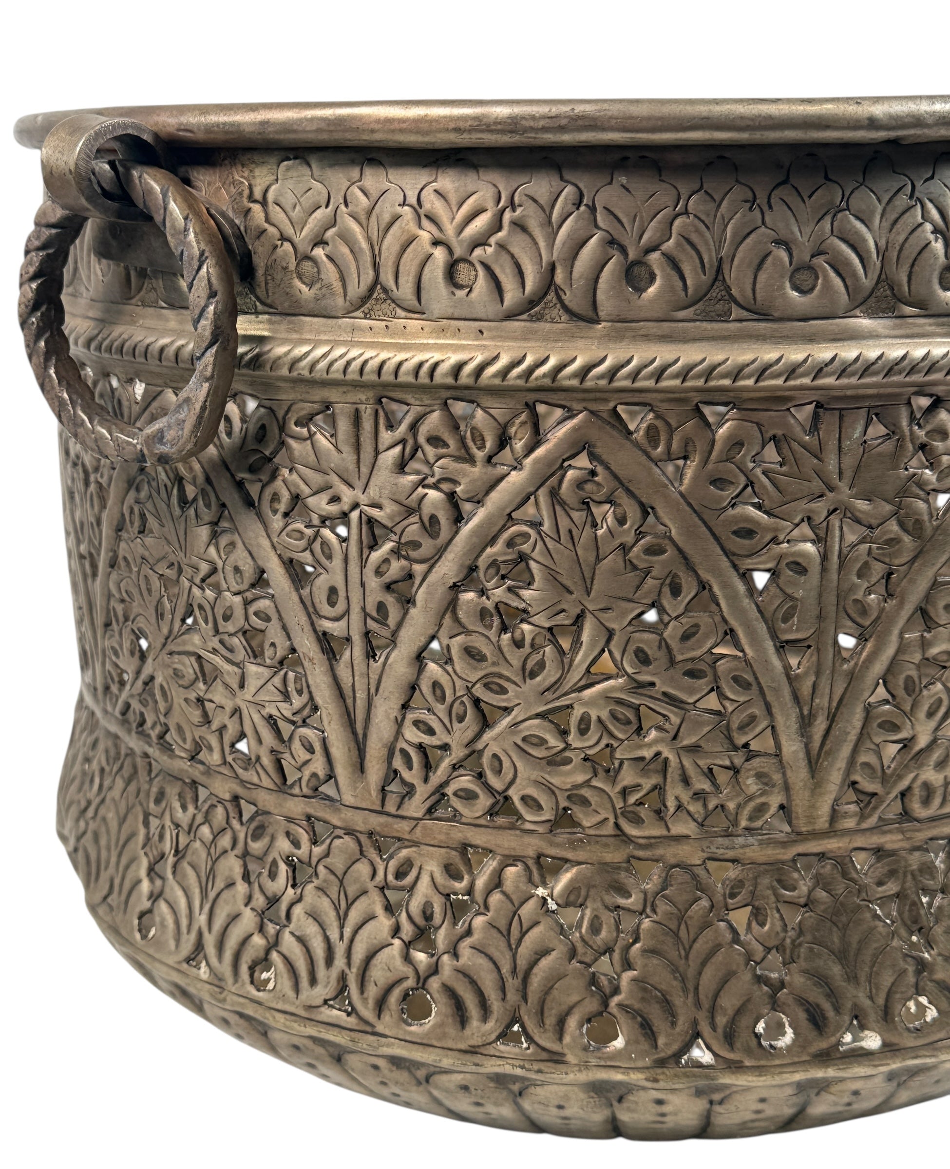 Vintage Hand-Pierced Indian Brass Planter – Dent on Side