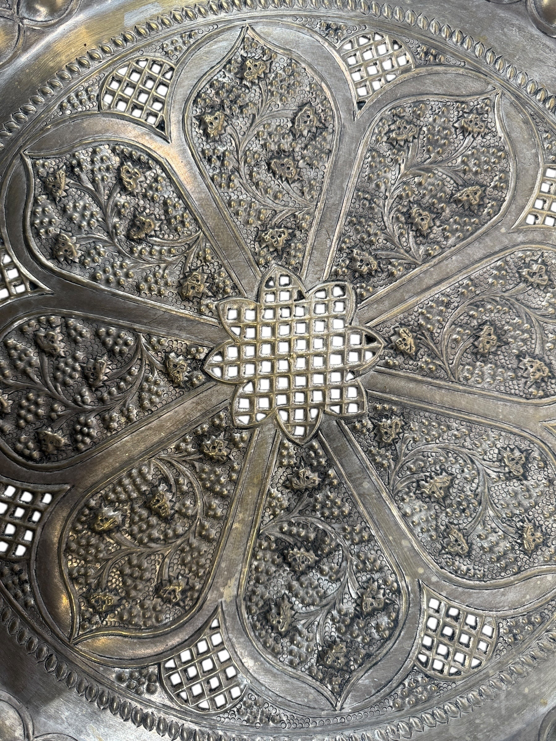 Vintage Solid Brass Tray – 24” Indian Hand-Chased Pierced Design