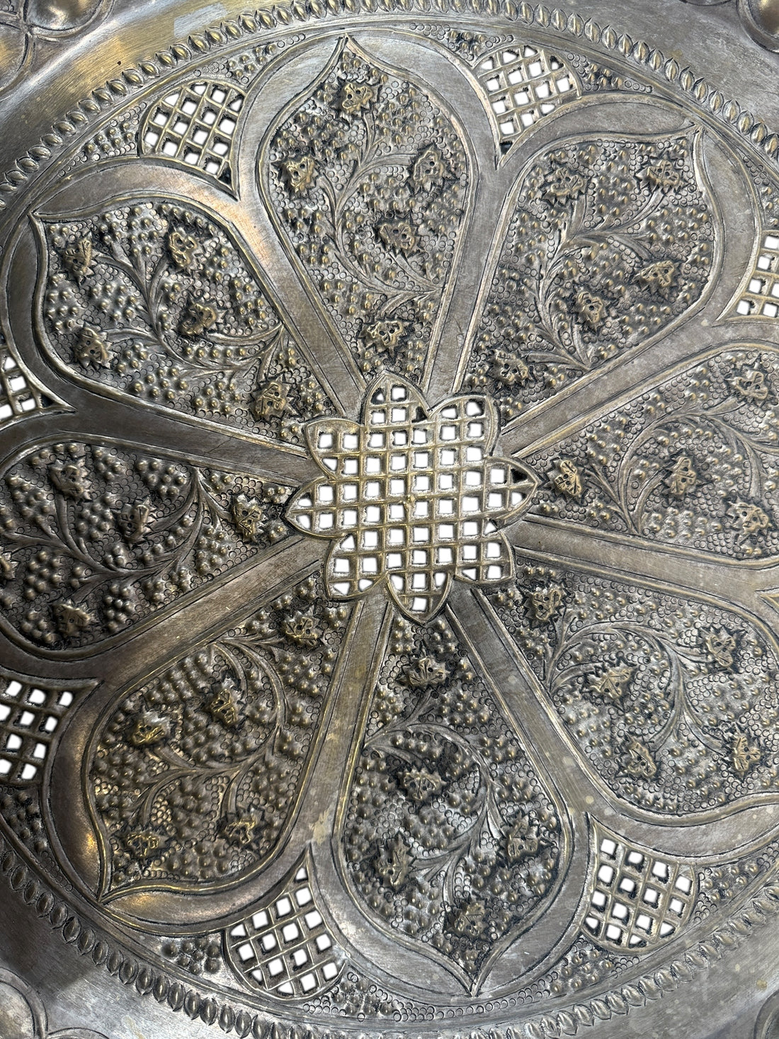 Vintage Solid Brass Tray – 24” Indian Hand-Chased Pierced Design