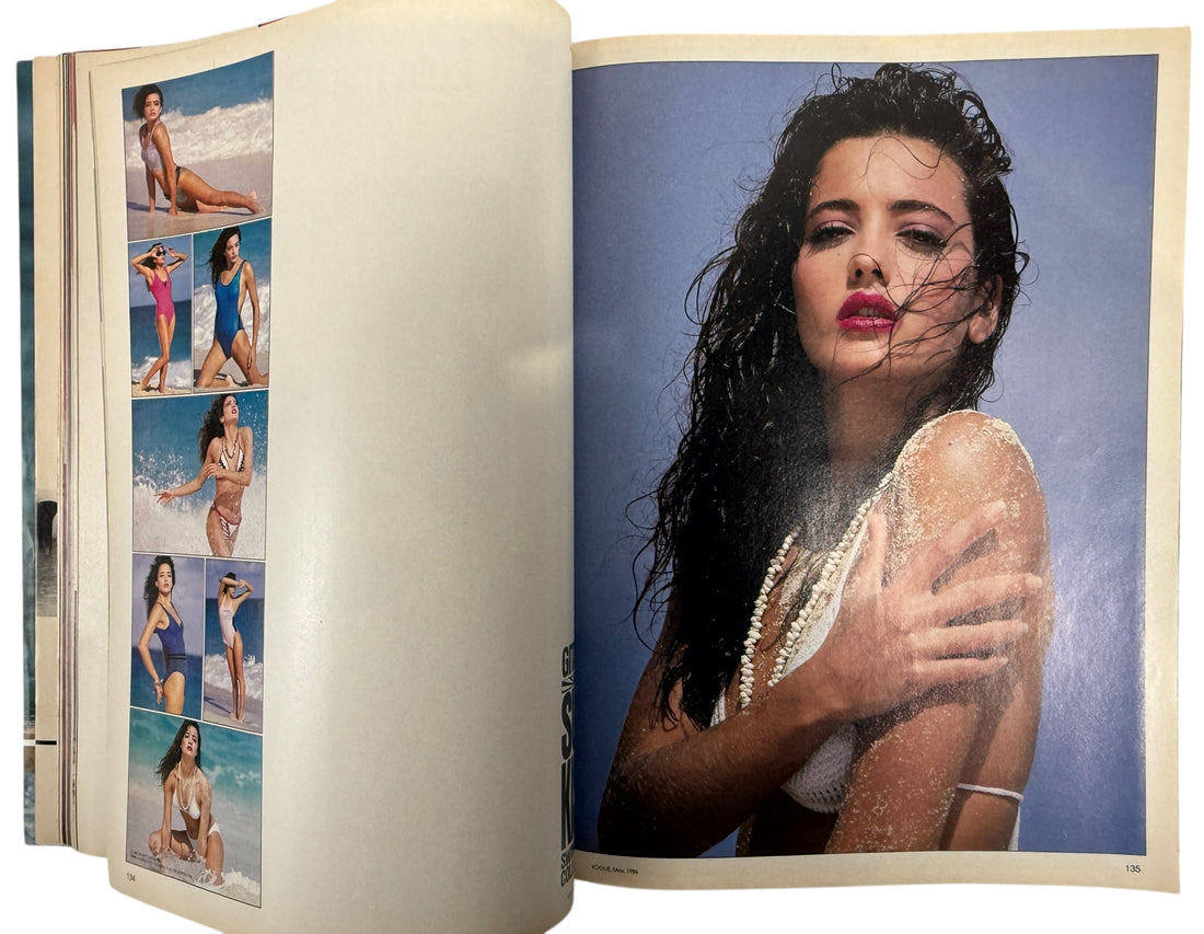 Vintage Vogue May 1986 featuring Paulina Porizkova, iconic 1980s fashion editorials, beauty photography, luxury ads, and classic Vogue style.