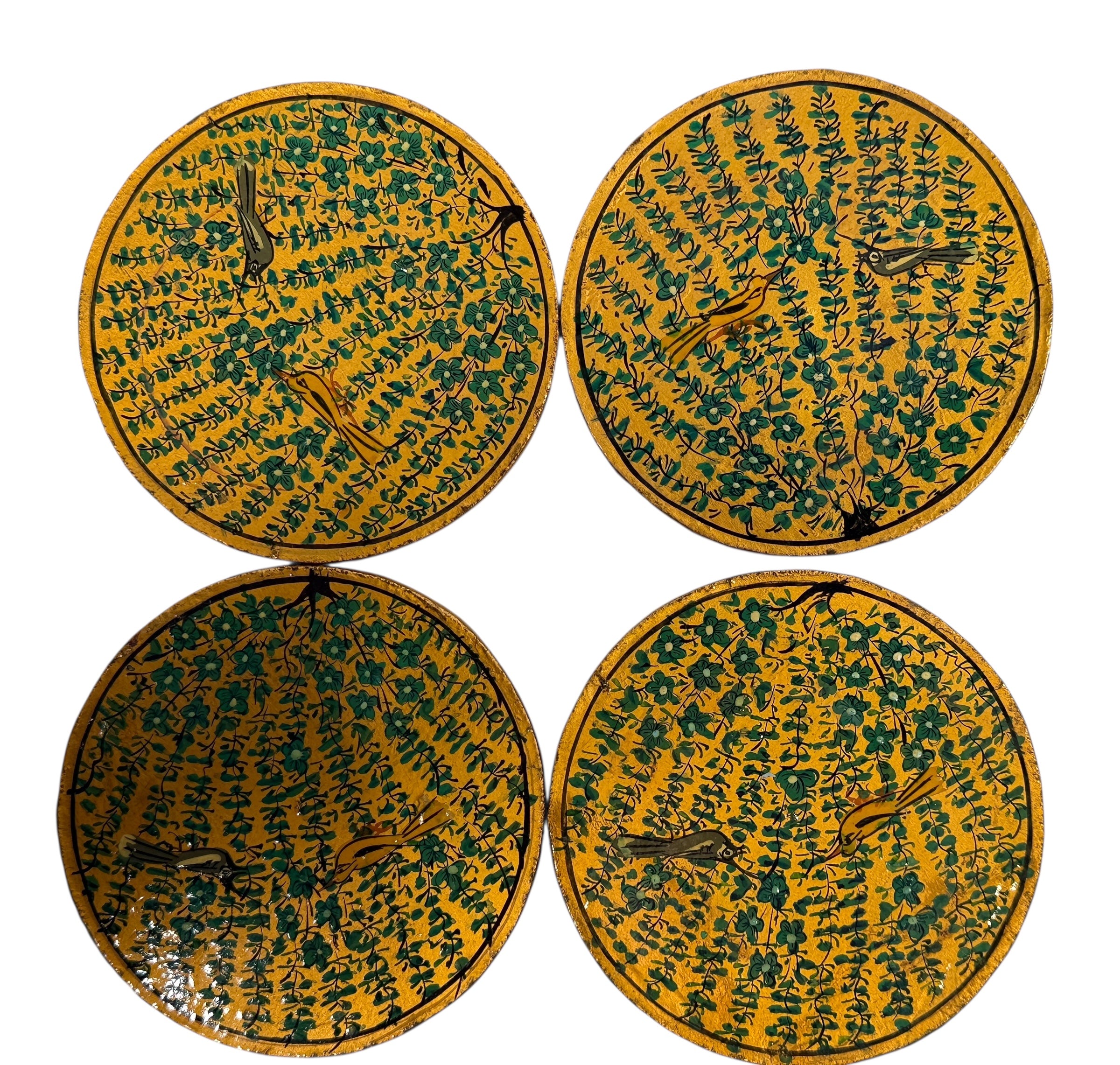 Vintage Kashmiri papier-mâché box with six matching coasters, hand-painted floral and bird design, traditional Indian folk art decor.