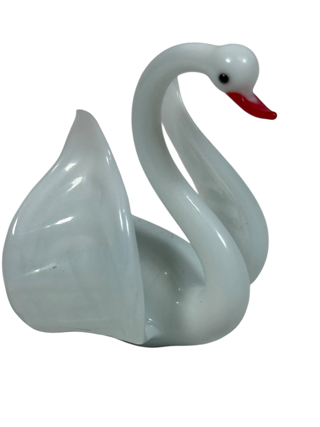 Murano-style art glass swan family set with opaline bodies and amber wings. Decorative 5-piece vintage-style glass display.