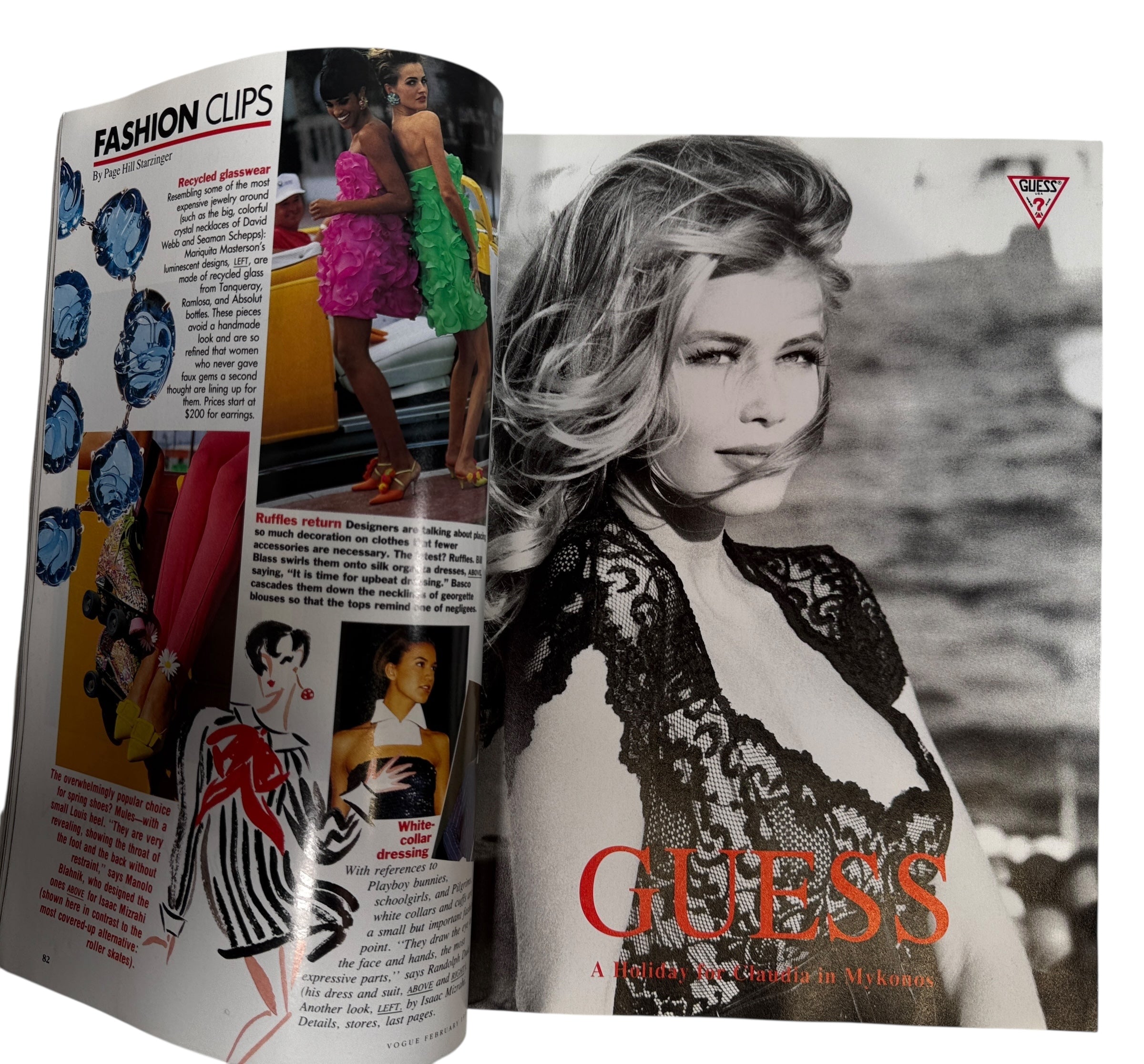 Vintage Vogue February 1991 issue featuring Claudia Schiffer, GUESS editorial, and iconic early 90s fashion and Absolut Chicago advertising.