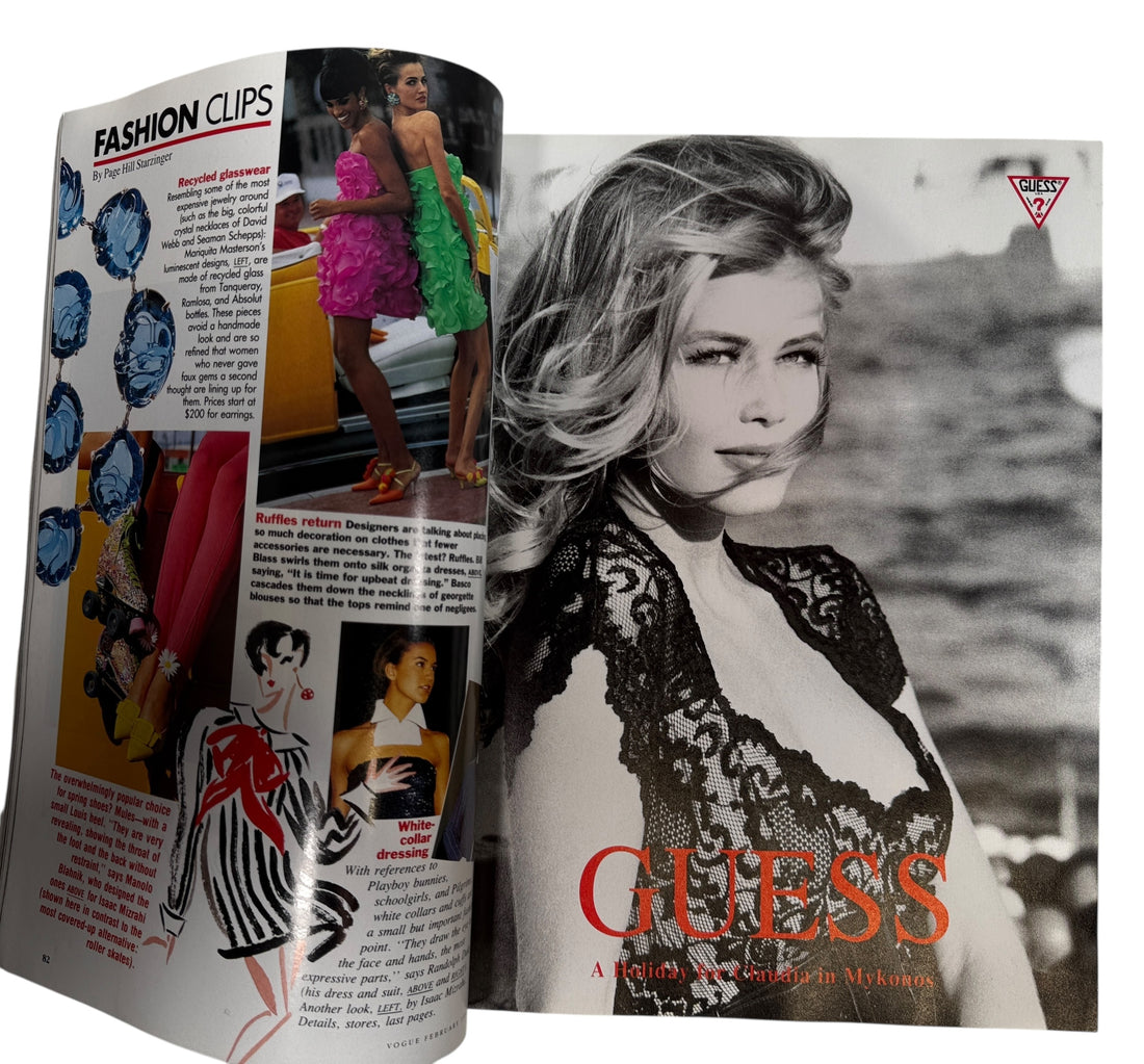 Vintage Vogue February 1991 issue featuring Claudia Schiffer, GUESS editorial, and iconic early 90s fashion and Absolut Chicago advertising.