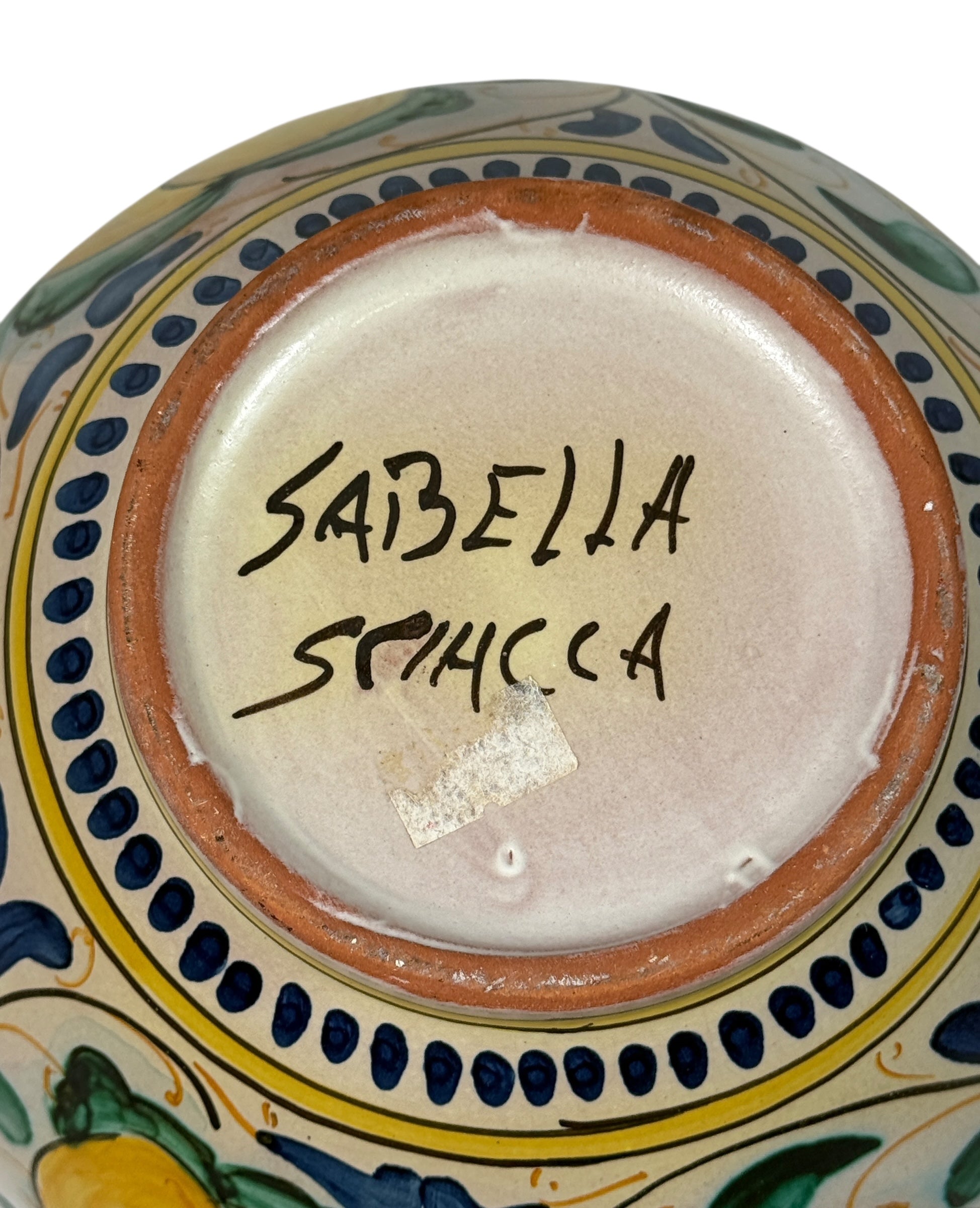 Hand-painted Spanish ceramic planter in blue and yellow majolica style. Vintage decorative cachepot with folk-art charm, ideal for plants or display.