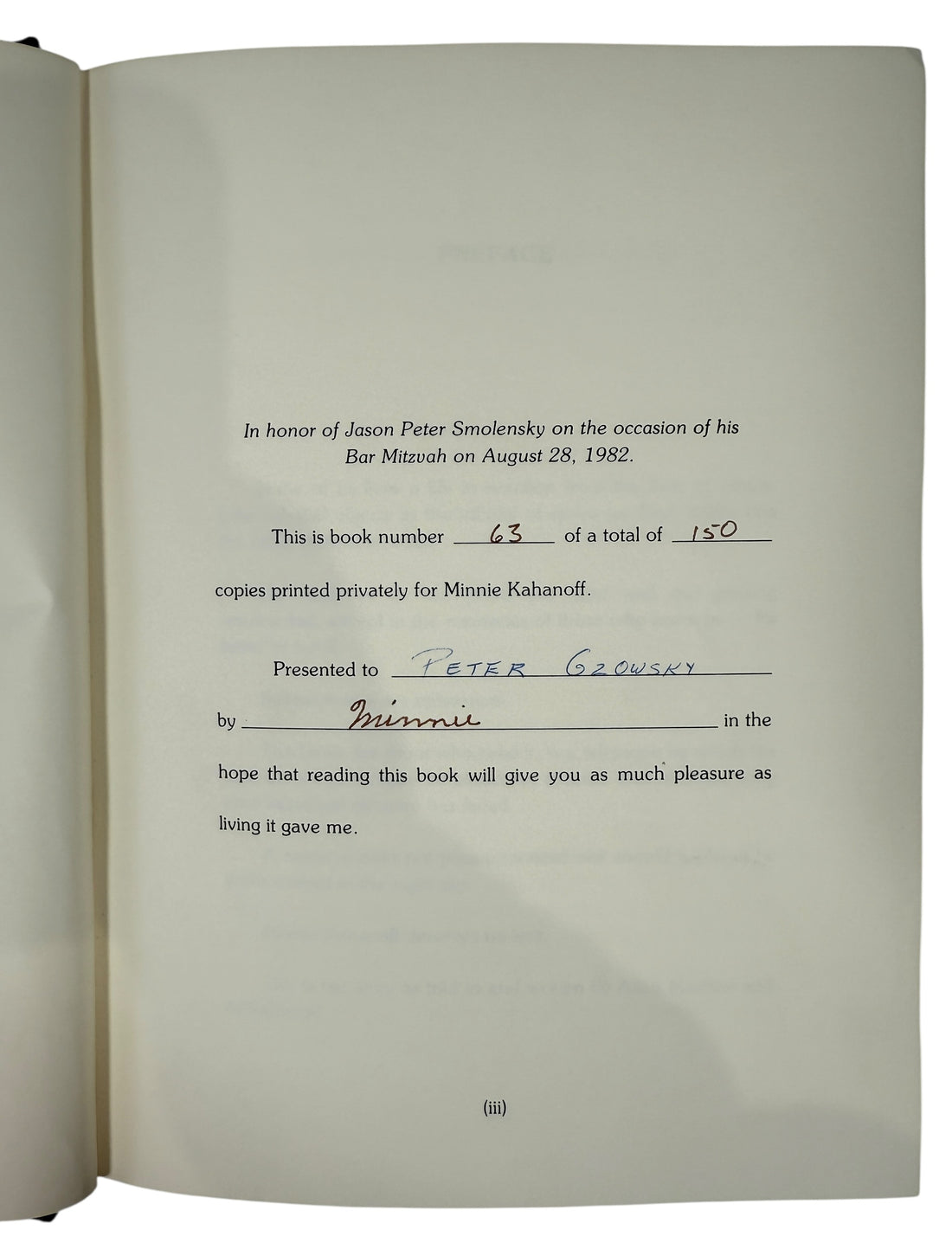 Limited 1982 Jewish memoir L’Chaim by Minnie Kahanoff. Numbered 63 of 150, signed and inscribed. Canadian prairie Jewish history hardcover.