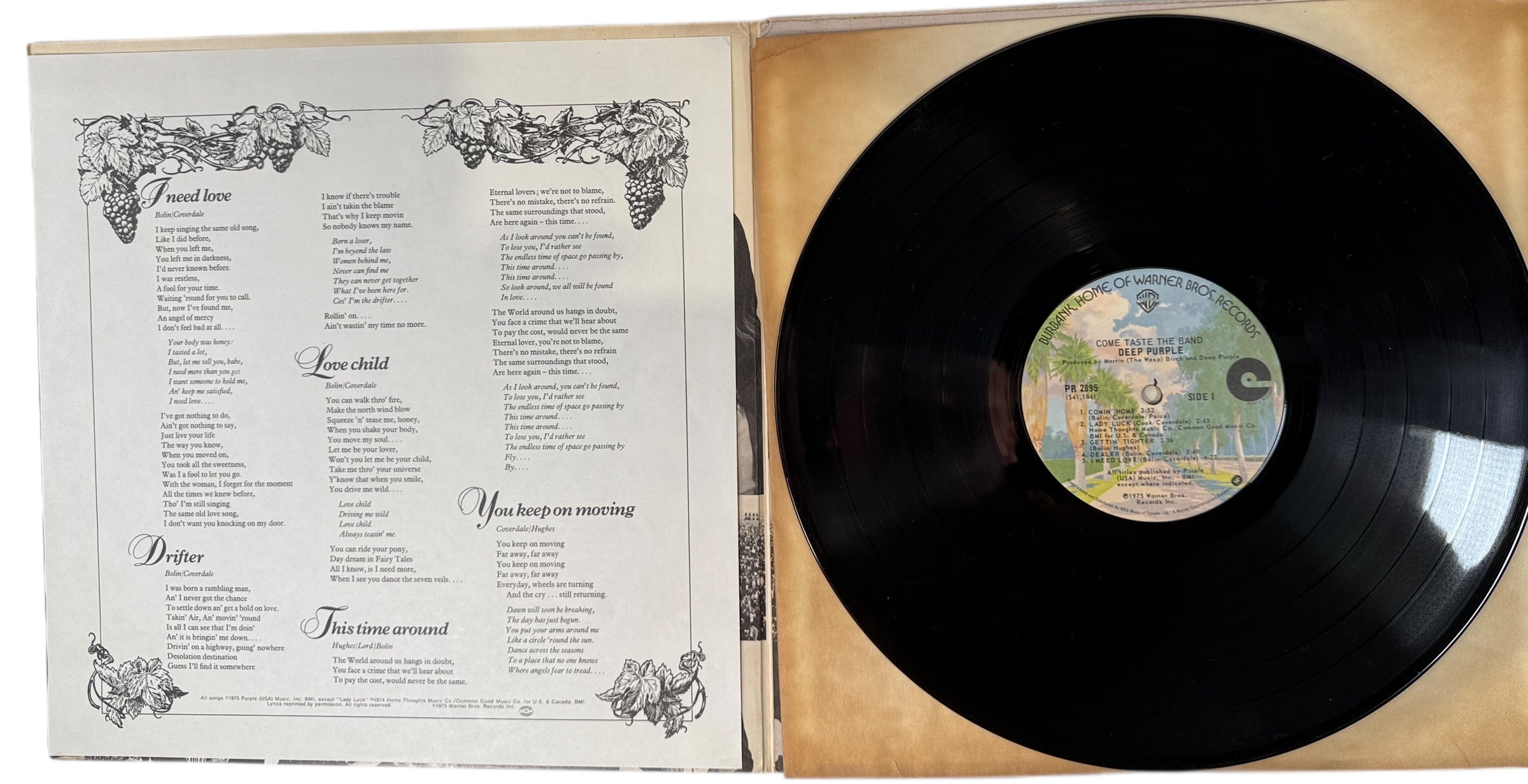 1975 Deep Purple Come Taste the Band LP on Warner Bros. Canadian pressing. VG+ vinyl, VG sleeve, classic hard rock from the Tommy Bolin era.