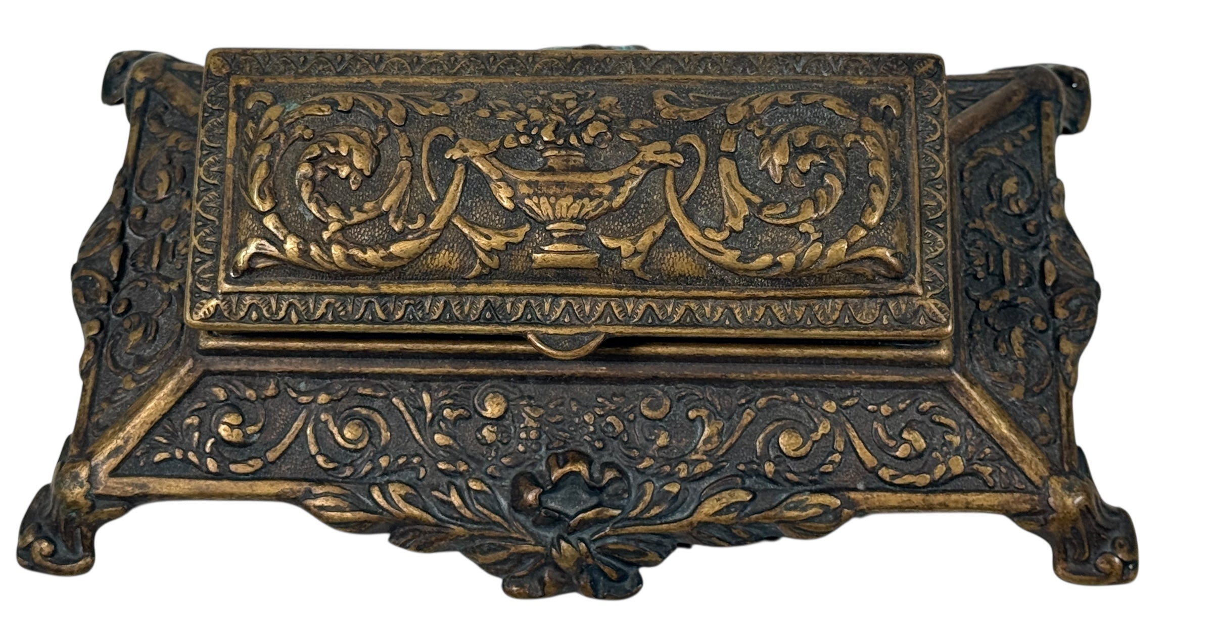 Vintage Italian cast metal desk stamp box in antique Victorian style with divided interior and aged bronze finish. Decorative postal desk accessory.