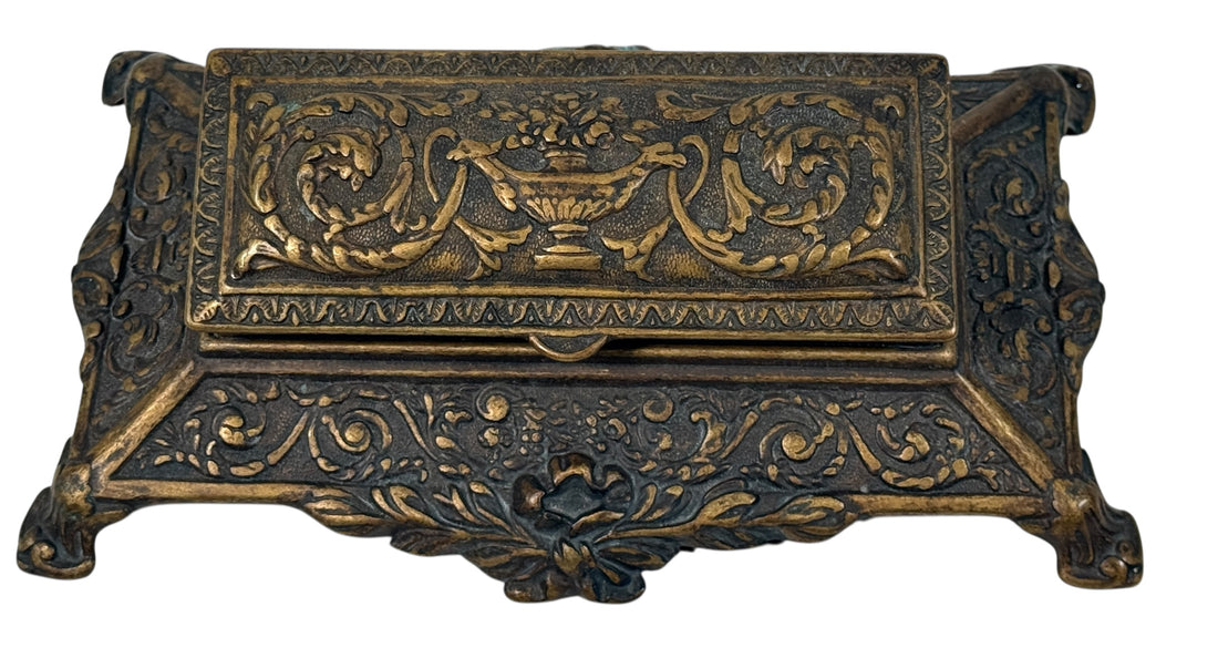 Vintage Italian cast metal desk stamp box in antique Victorian style with divided interior and aged bronze finish. Decorative postal desk accessory.