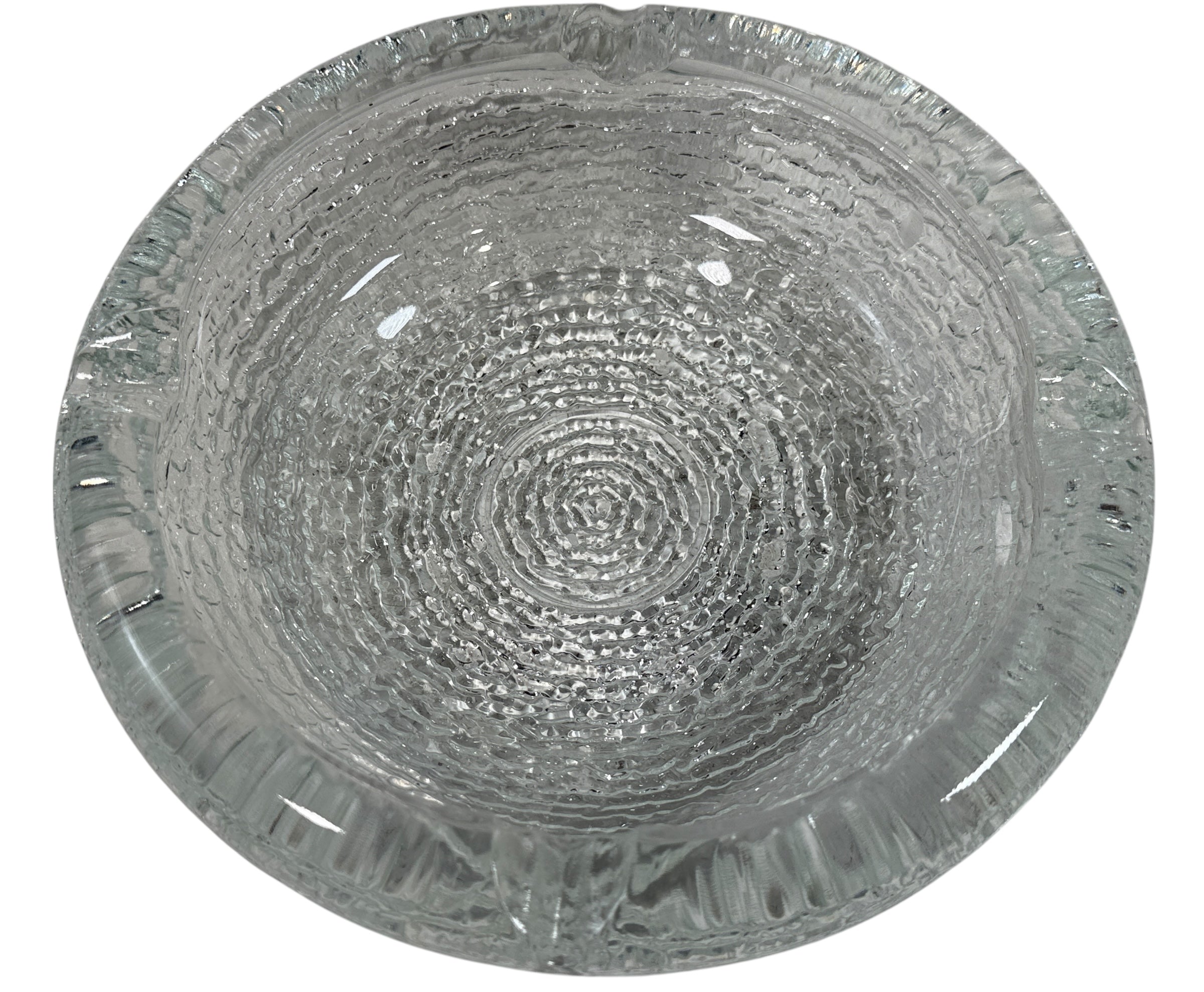 Vintage Iittala Ultima Thule glass ashtray by Tapio Wirkkala, 8 inch diameter. Iconic Finnish modernist pressed glass design.