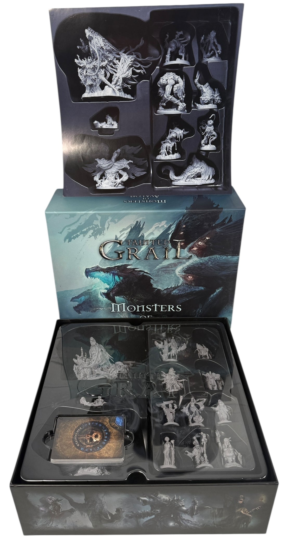 Out-of-print Tainted Grail Monsters of Avalon expansion with 20 miniatures and 22 cards. Complete, unpainted, excellent condition.