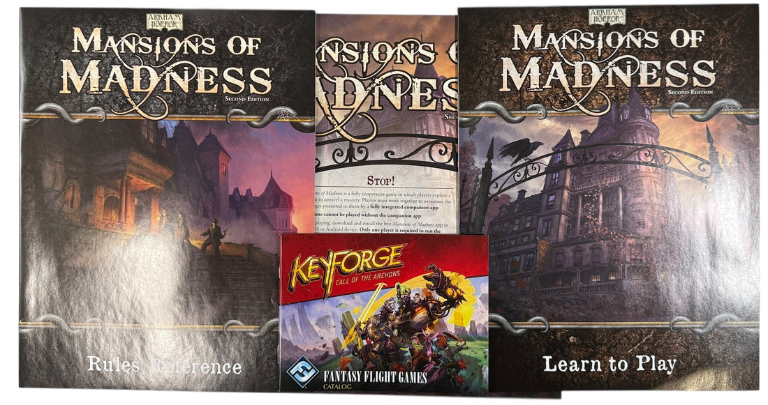 Cooperative horror board game for 1–5 players. Mansions of Madness Second Edition by Fantasy Flight, complete with tiles, minis, and rules.