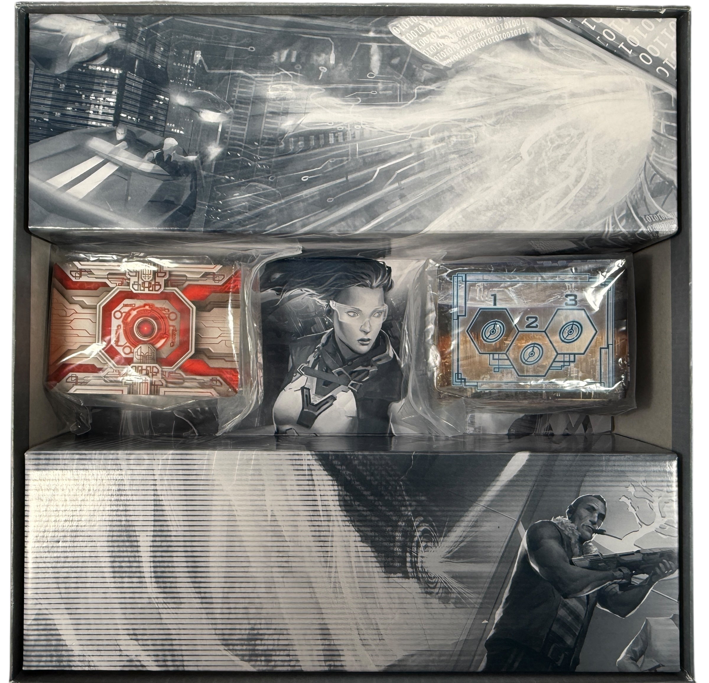 Out-of-print Android Netrunner Core Set by Fantasy Flight Games. Complete with sealed cards and unused tokens. Collector-grade cyberpunk card game.