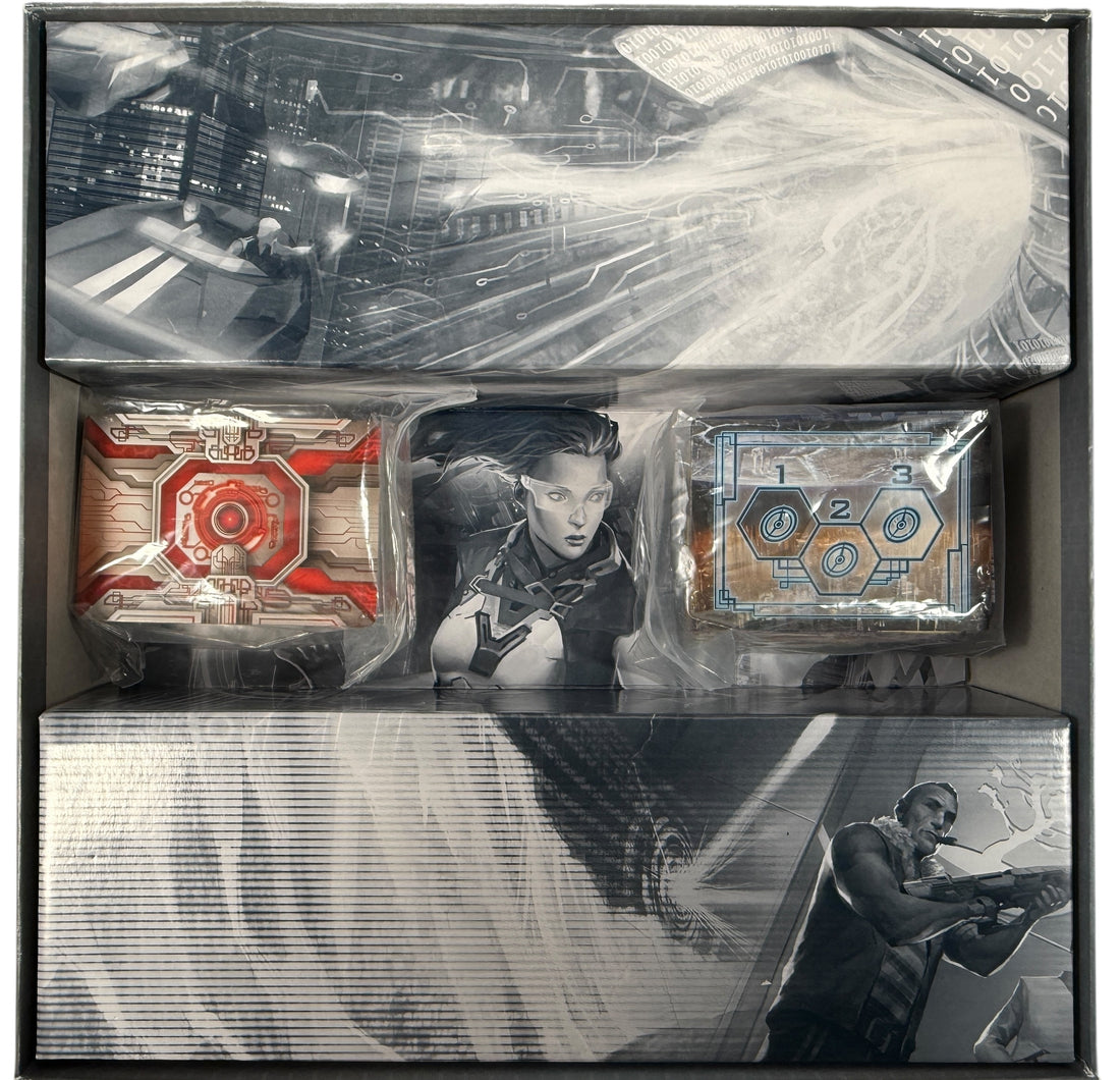 Out-of-print Android Netrunner Core Set by Fantasy Flight Games. Complete with sealed cards and unused tokens. Collector-grade cyberpunk card game.