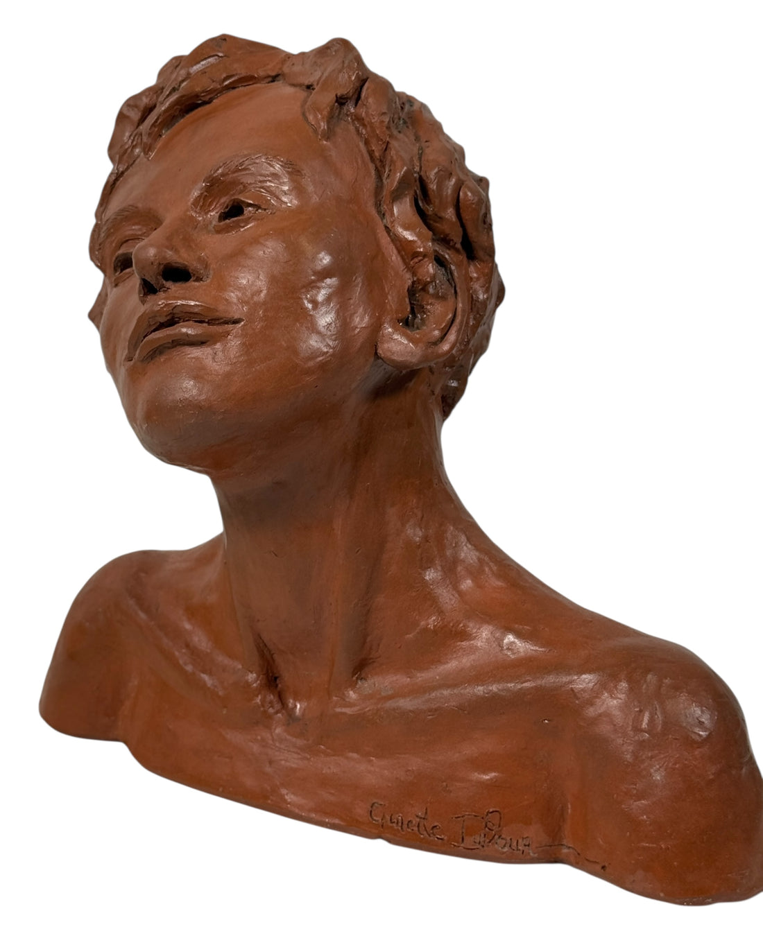 Original terracotta bust sculpture Moments de grâce by Ginette Dufour. Canadian contemporary figurative art with expressive detail and gallery presence.