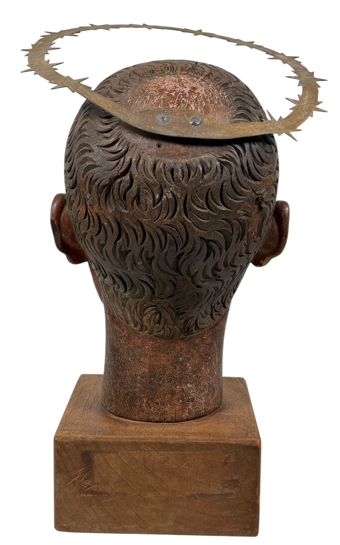 Wood bust of Saint Martin de Porres (1962) with diplomatic provenance from Canadian Ambassador in Peru. Glass eyes, halo, presentation plaque. Rare devotional art.