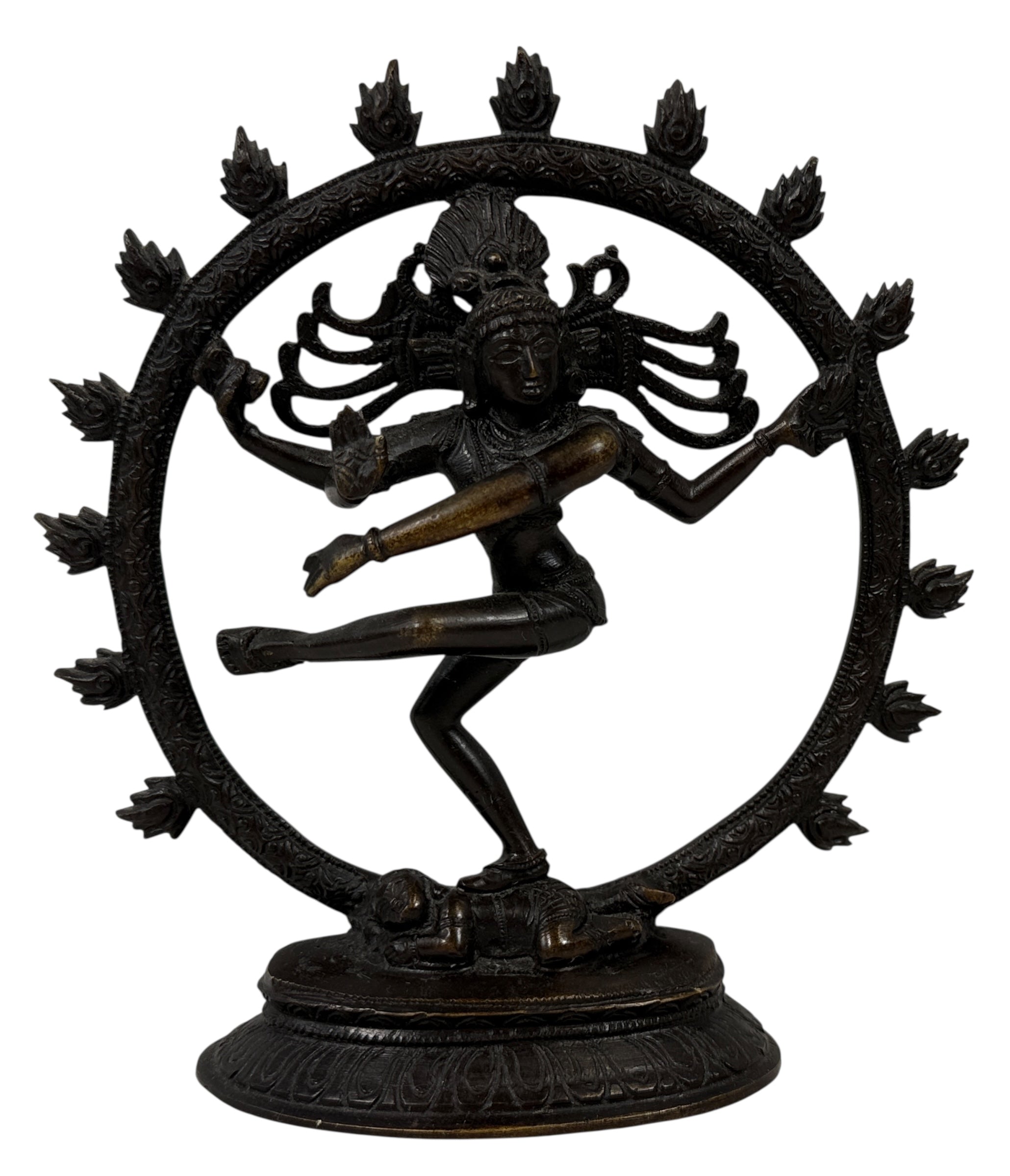 Indian Shiva Nataraja brass statue with cosmic ring of flames. Vintage devotional décor for altar, yoga or meditation spaces. Late 20th century. India.