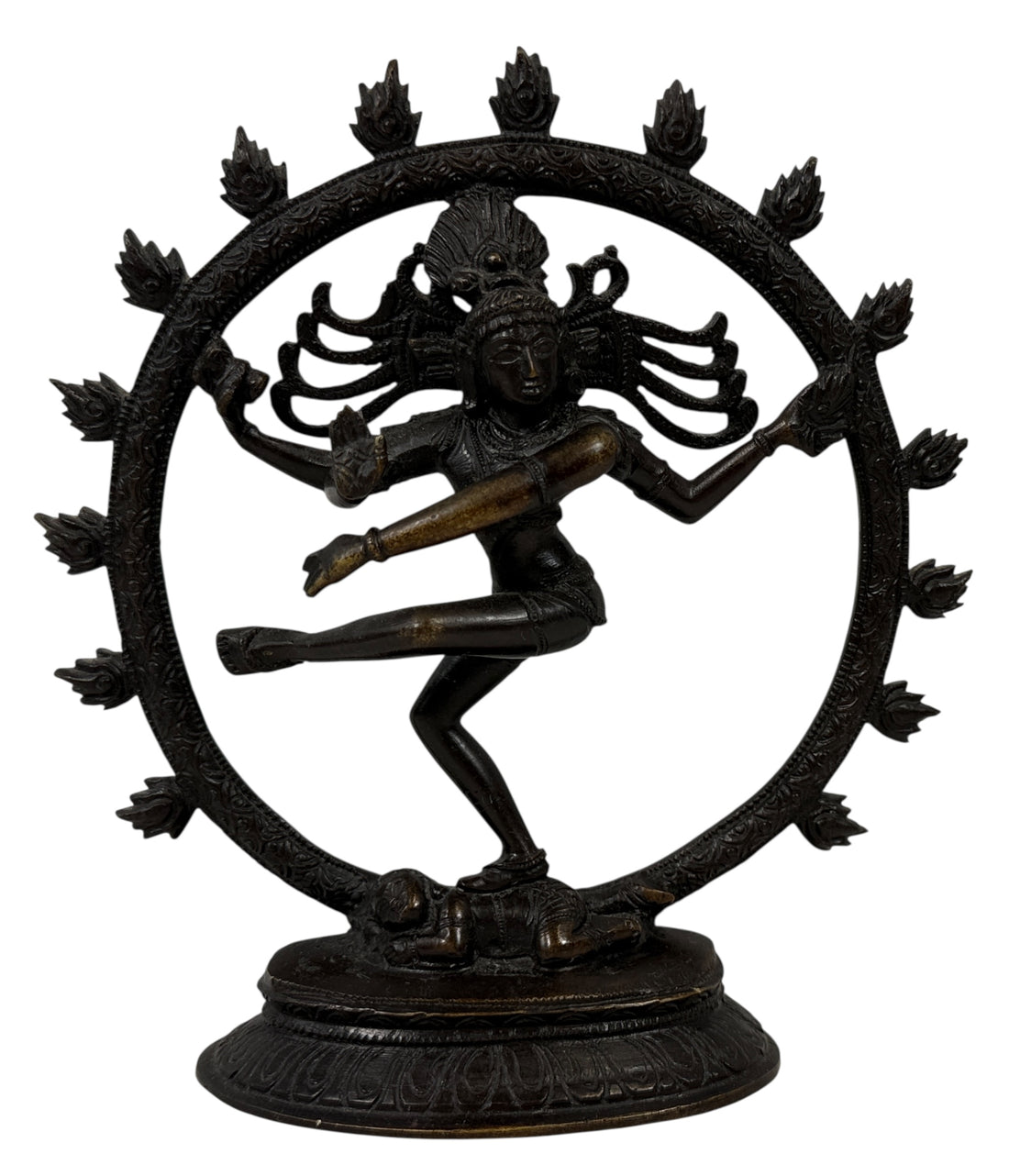 Indian Shiva Nataraja brass statue with cosmic ring of flames. Vintage devotional décor for altar, yoga or meditation spaces. Late 20th century. India.