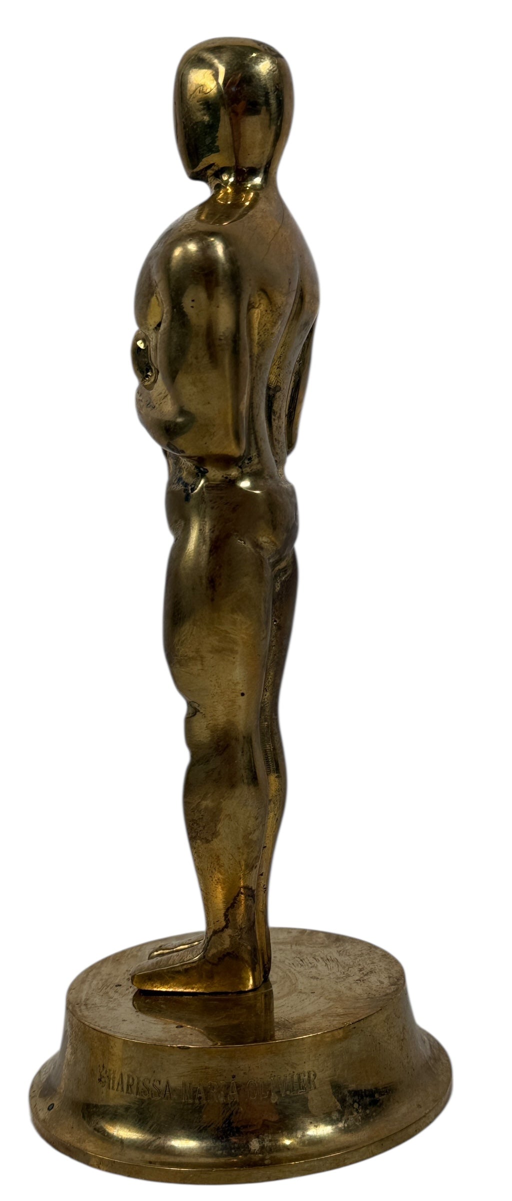 Vintage solid brass Oscar-style award statuette with engraved name. Ideal for display, props, themed events and awards season. Late 20th century.