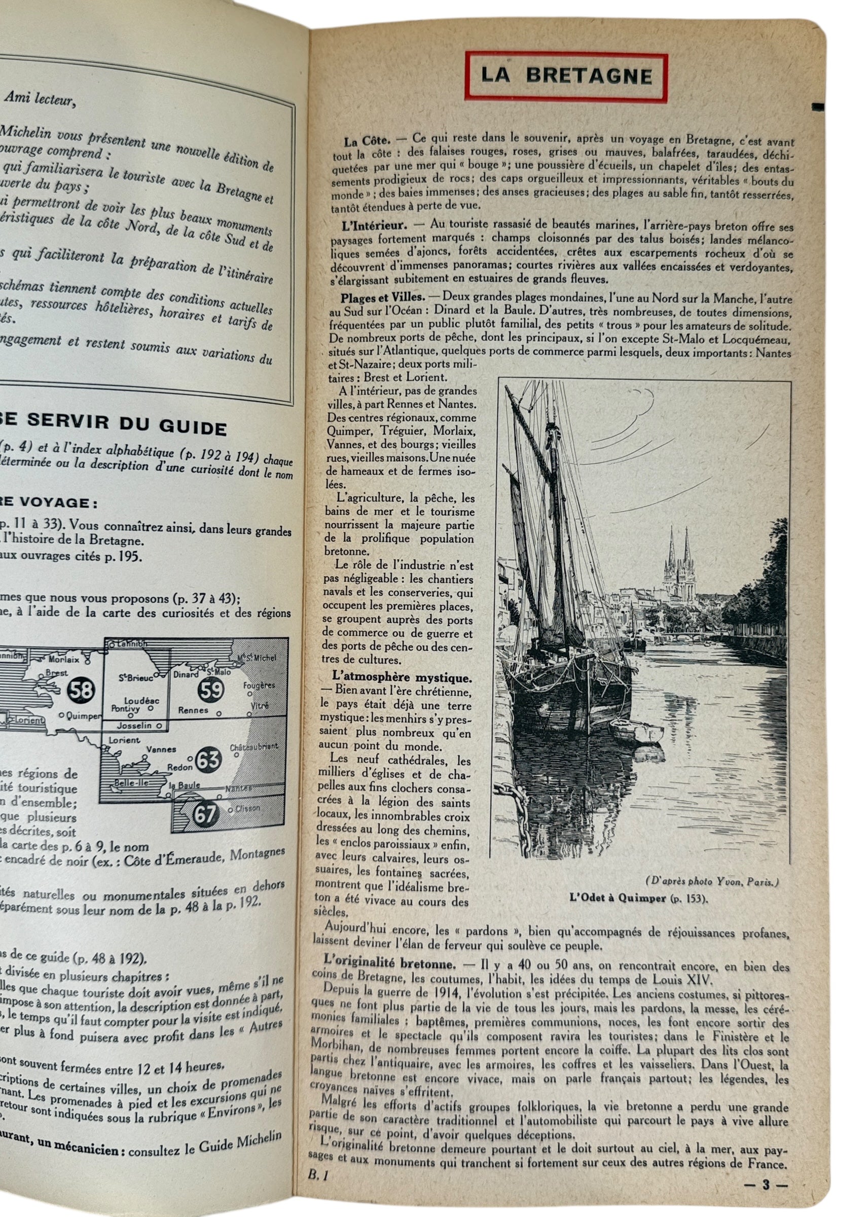 Vintage 1959 Michelin Bretagne Guide Vert, 16th edition with classic Bibendum cover and engravings. Collectible French motoring guide in good condition.