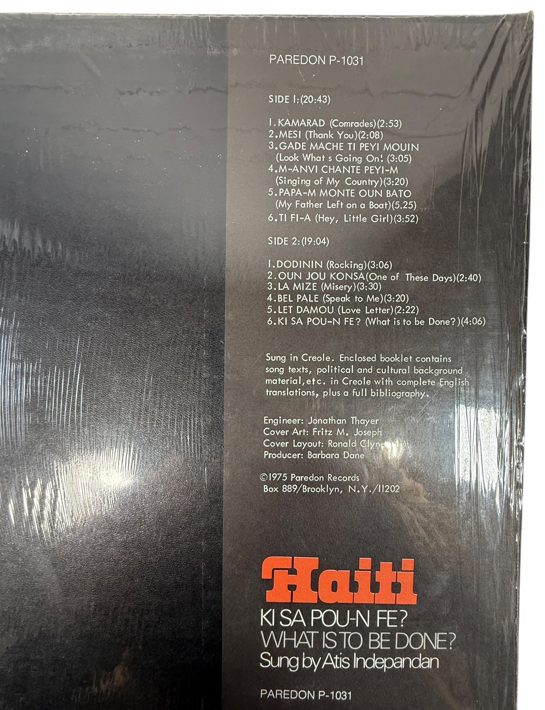1975 Haitian protest folk LP by Atis Indepandan on Paredon Records with booklet. Creole political songs and translations. Archival NM vinyl in shrink.