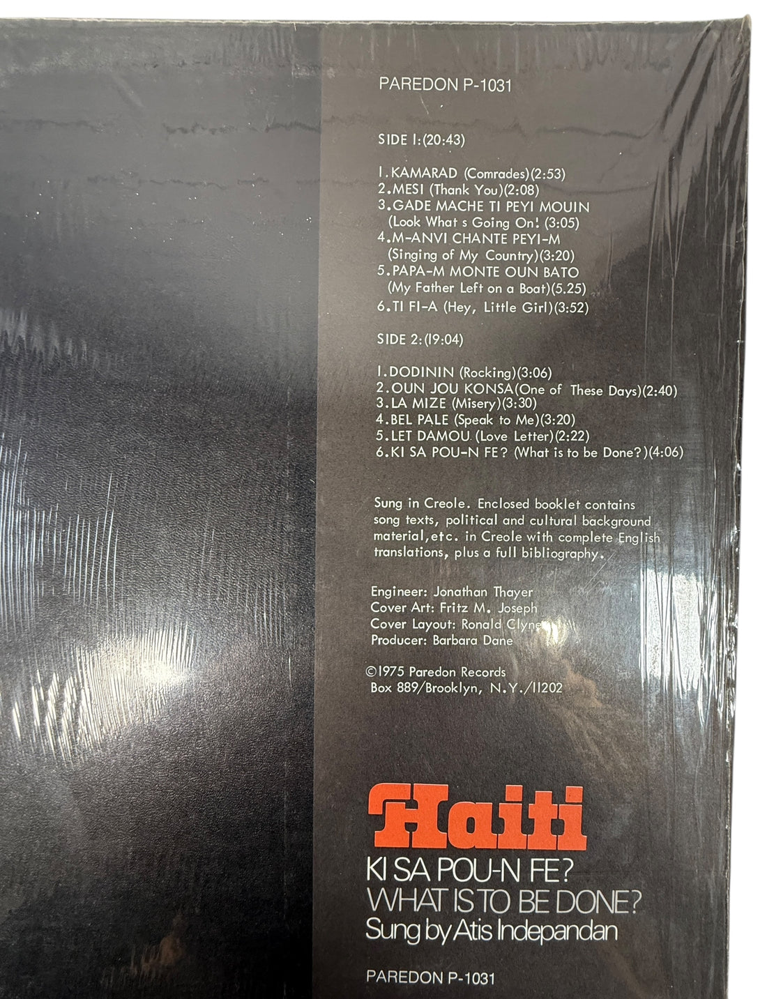 1975 Haitian protest folk LP by Atis Indepandan on Paredon Records with booklet. Creole political songs and translations. Archival NM vinyl in shrink.