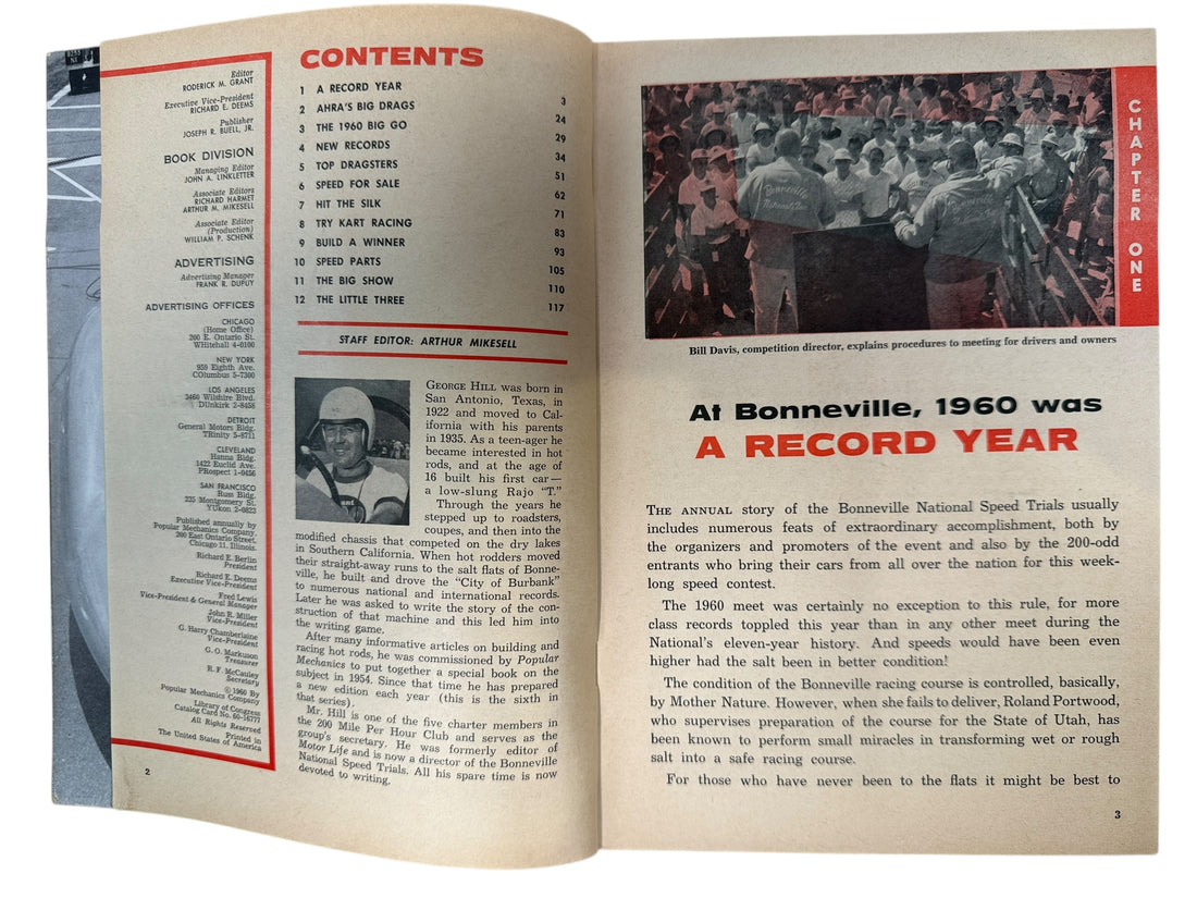 Vintage 1961 Hot Rod Annual with NHRA dragsters, Bonneville trials, karts, and engine tech. Early motorsport collectible for hot rod and racing enthusiasts.