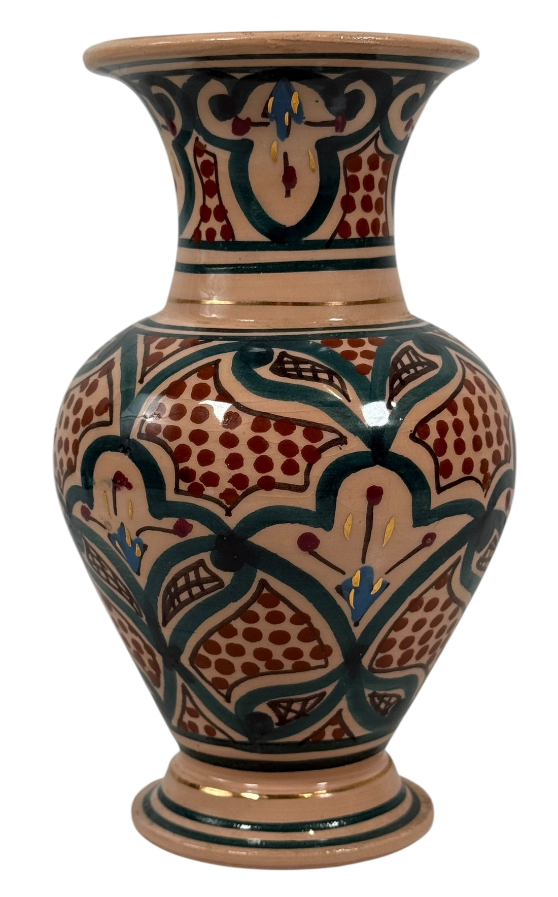 Decorative ceramic vase with intricate patterns on a white background