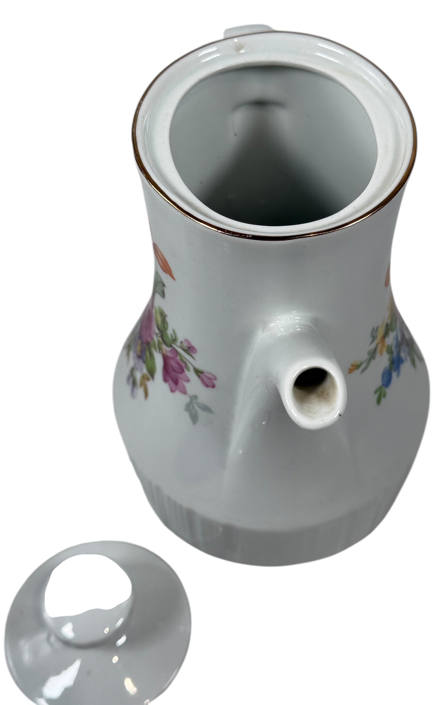 Cafetière en porcelaine allemande du milieu du siècle – Bordure florale dorée, base nervurée