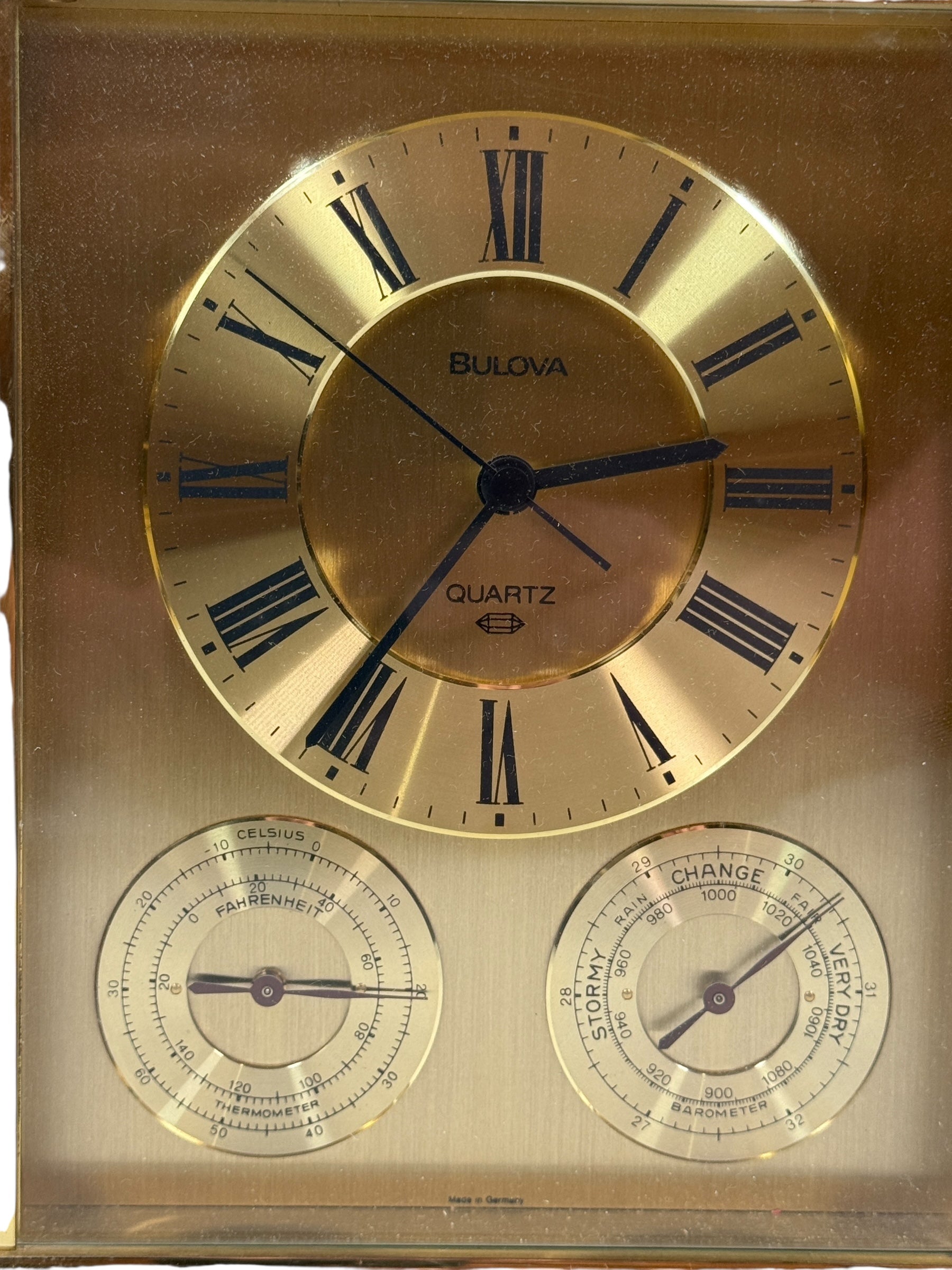  Bulova Brass Quartz Desk Clock with Thermometer & Barometer 