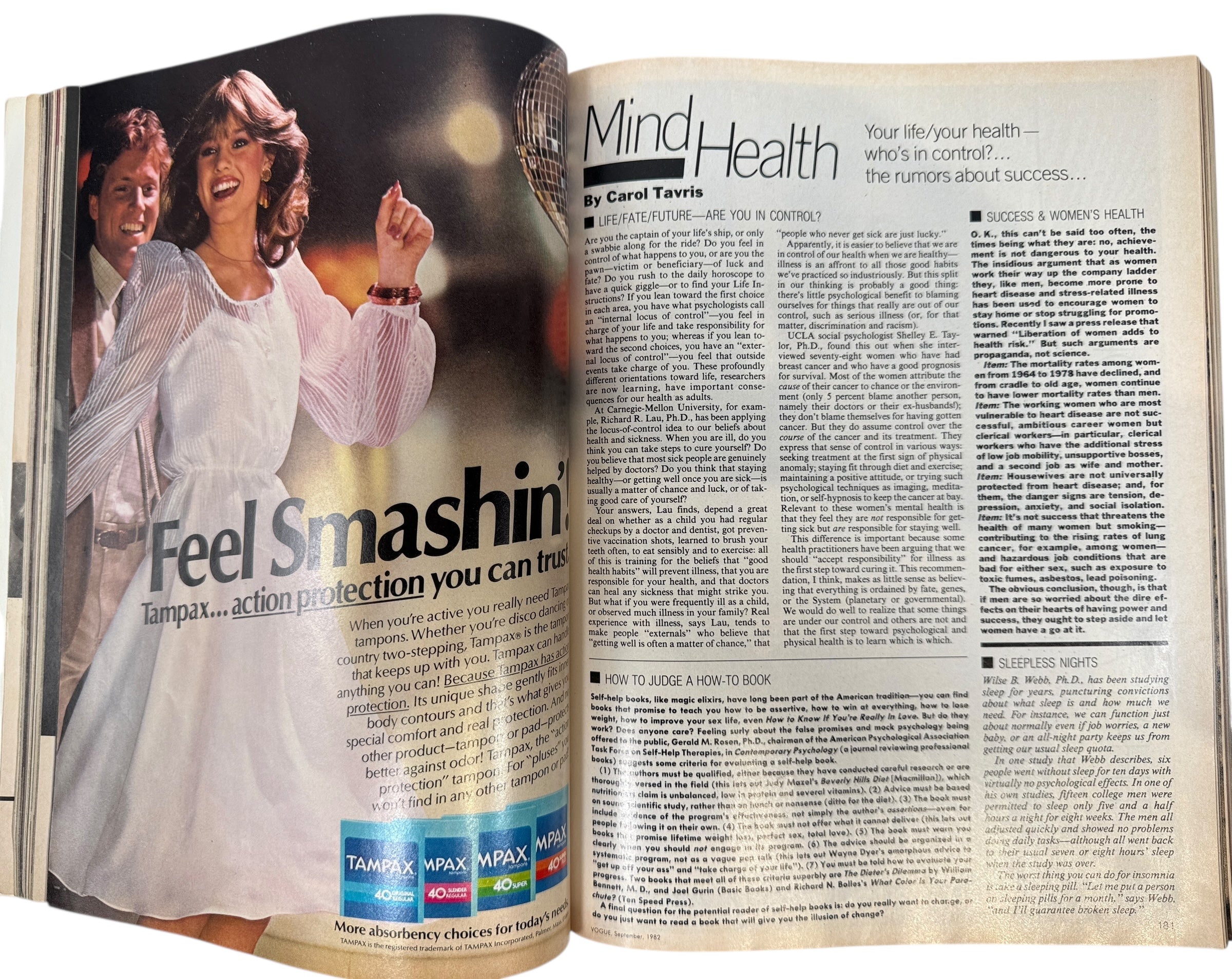 Open magazine with an advertisement on one page and a article on the other, featuring a woman and man.