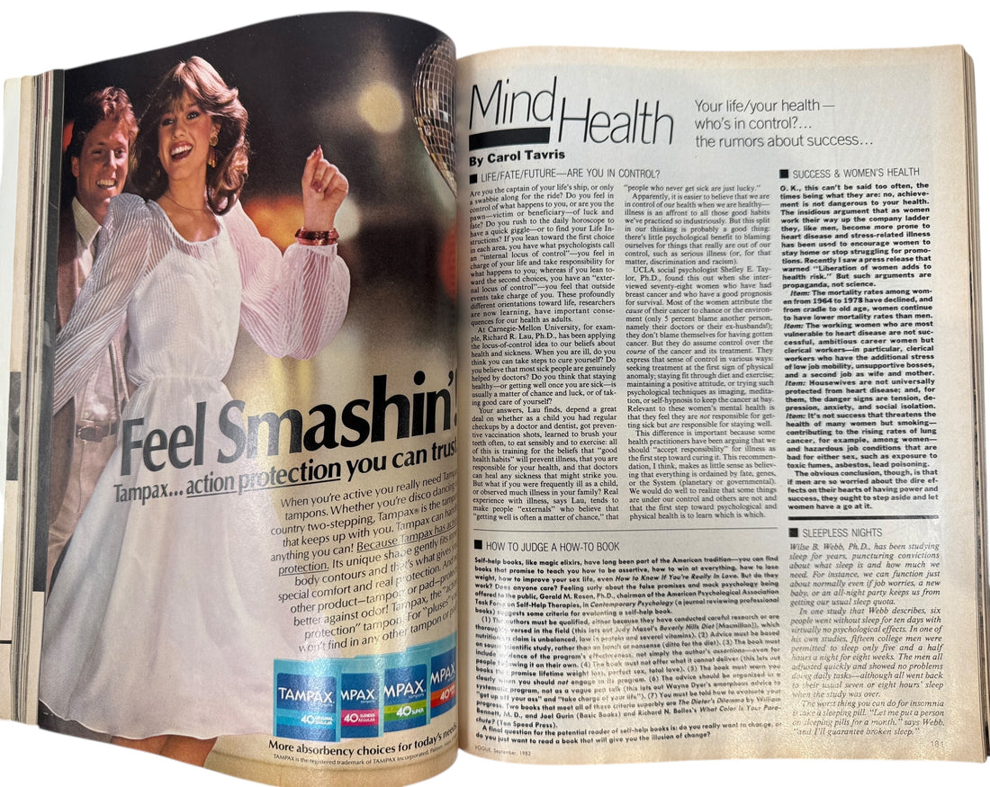 Open magazine with an advertisement on one page and a article on the other, featuring a woman and man.