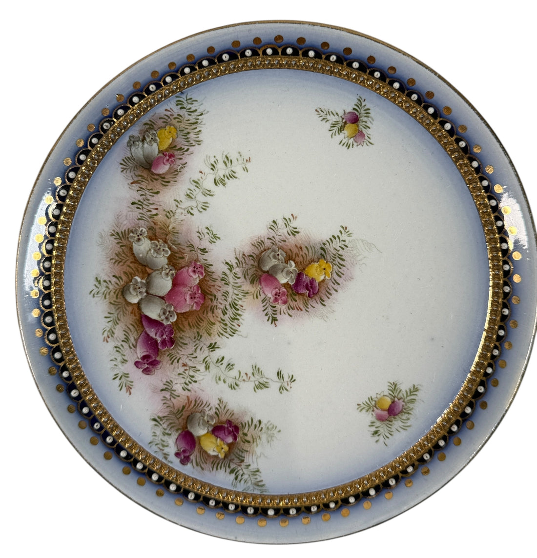 Antique W&amp;R Carlton Ware tea set RN 488460 – hand-painted cobalt floral gilt trio, Stoke-on-Trent England, 1910–1925, genuine silver-lined teapot.