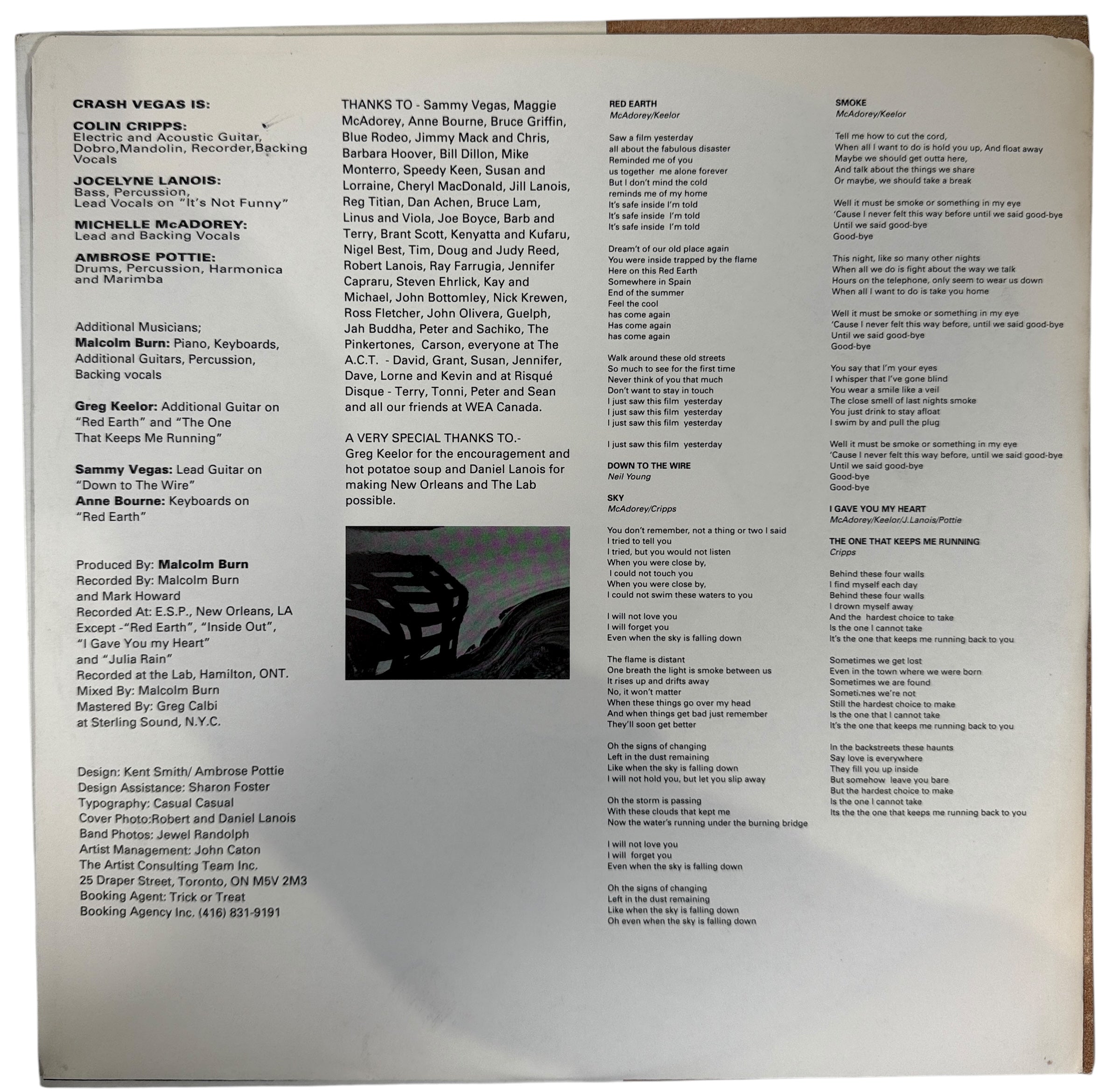 1989 Canadian LP Red Earth by Crash Vegas on Risqué Disque/WEA. VG+ vinyl, lyric sleeve included. Rare folk-rock pressing from late-’80s Canada.