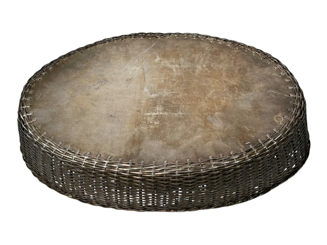 Vintage Israeli silver-plated woven bread basket with domed lid. Elegant mid-century Judaica serveware, ideal for bread or display.