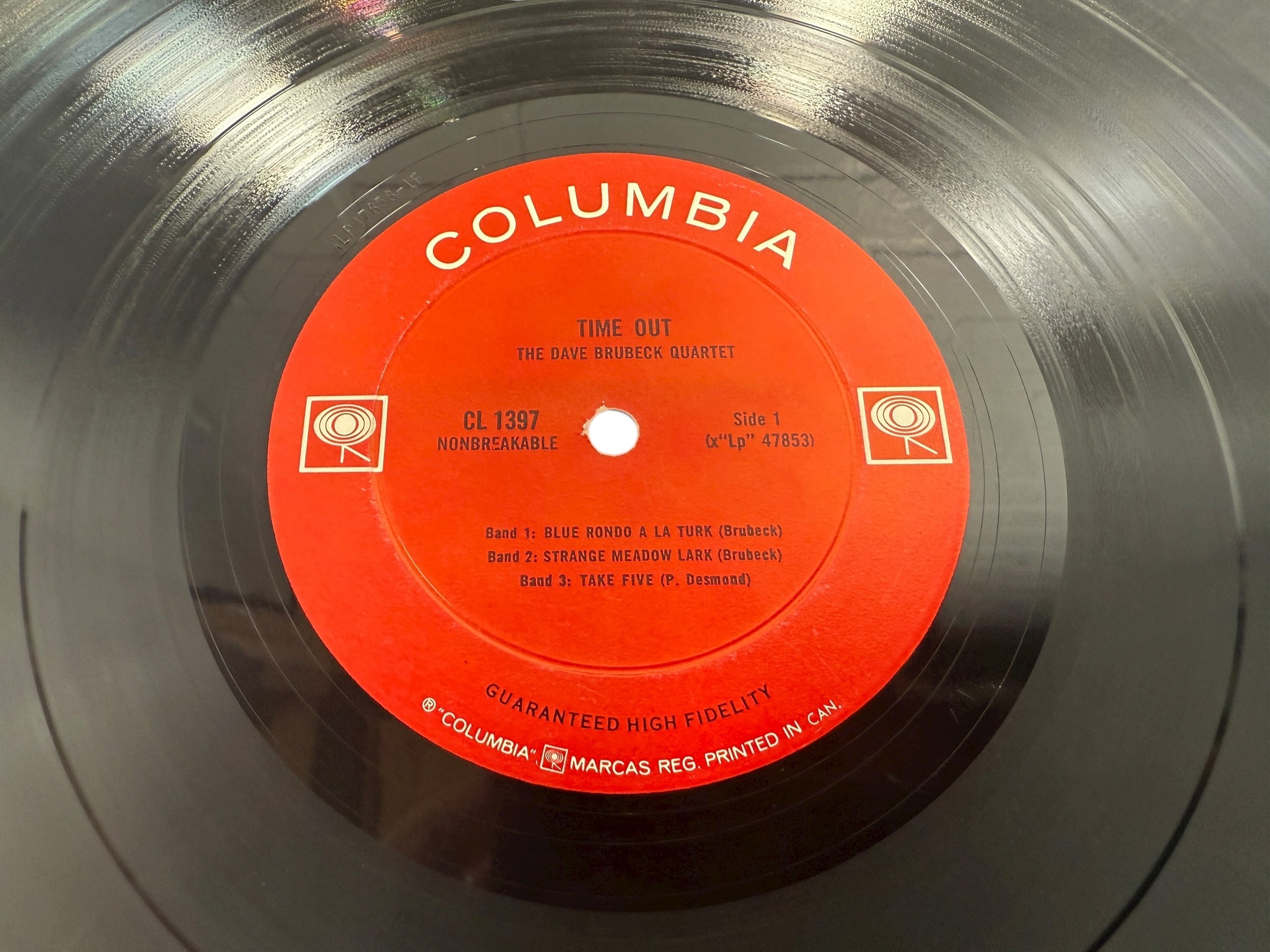 Dave Brubeck Time Out mono 6-eye Canadian CL 1397. Early 1960s Columbia pressing with iconic Fujita art. Classic jazz LP featuring Take Five.