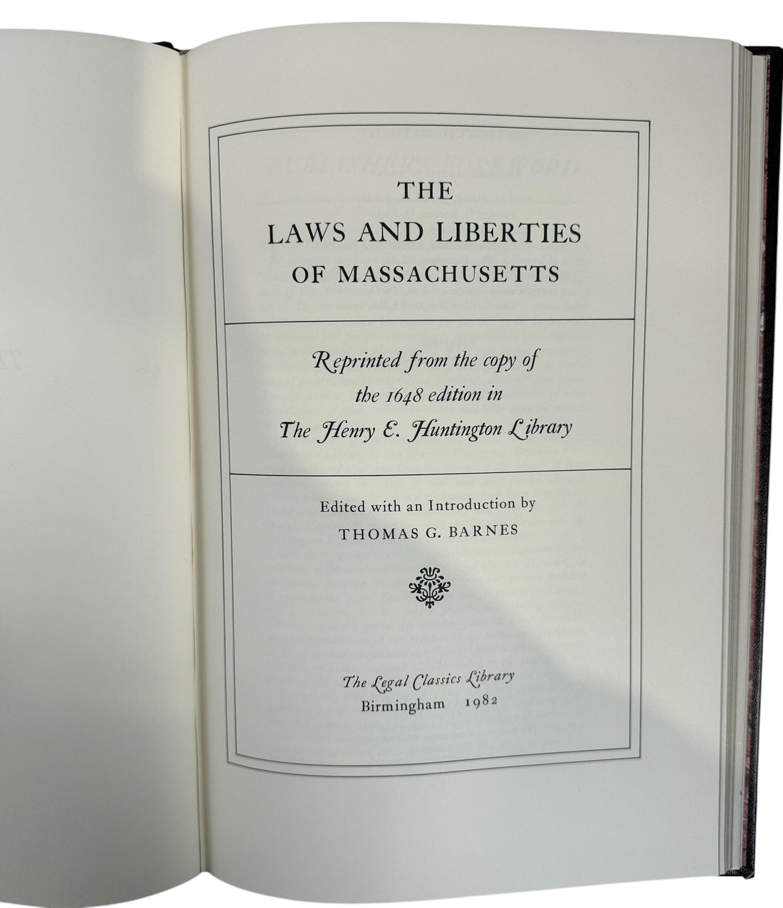 Leatherbound Gryphon Editions Laws and Liberties of Massachusetts. Limited numbered edition with gilt design. Excellent condition for collectors of early American law.