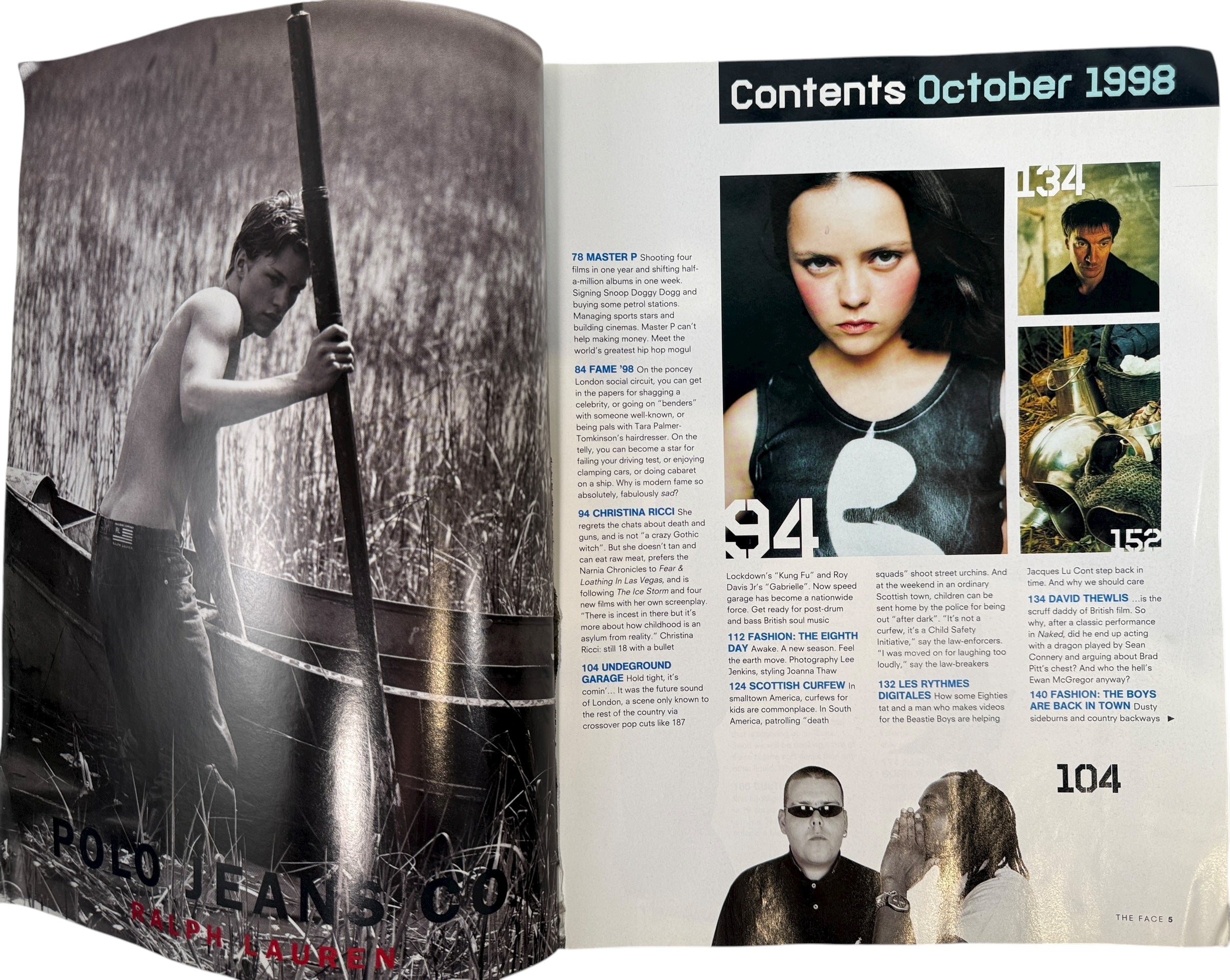 1998 The Face magazine with Christina Ricci “Wicked” cover. VG vintage issue featuring UK Garage, Cassius, Fatboy Slim, Master P, and iconic 90s ads.