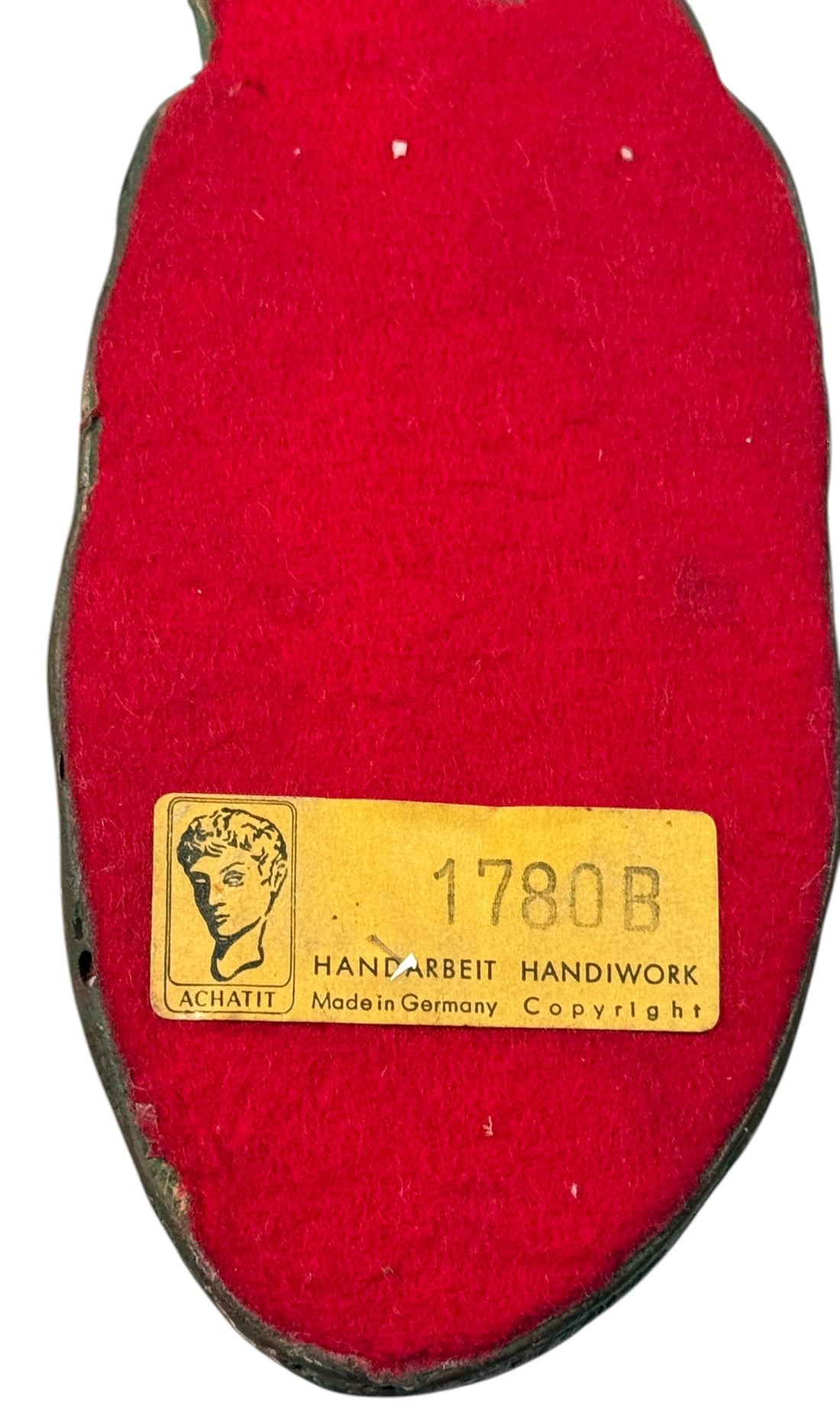 Mid-century ACHATIT Handarbeit 1780B German composite figurine with green patina. Labeled, detailed, collectible sculpture ideal for vintage decor collectors.