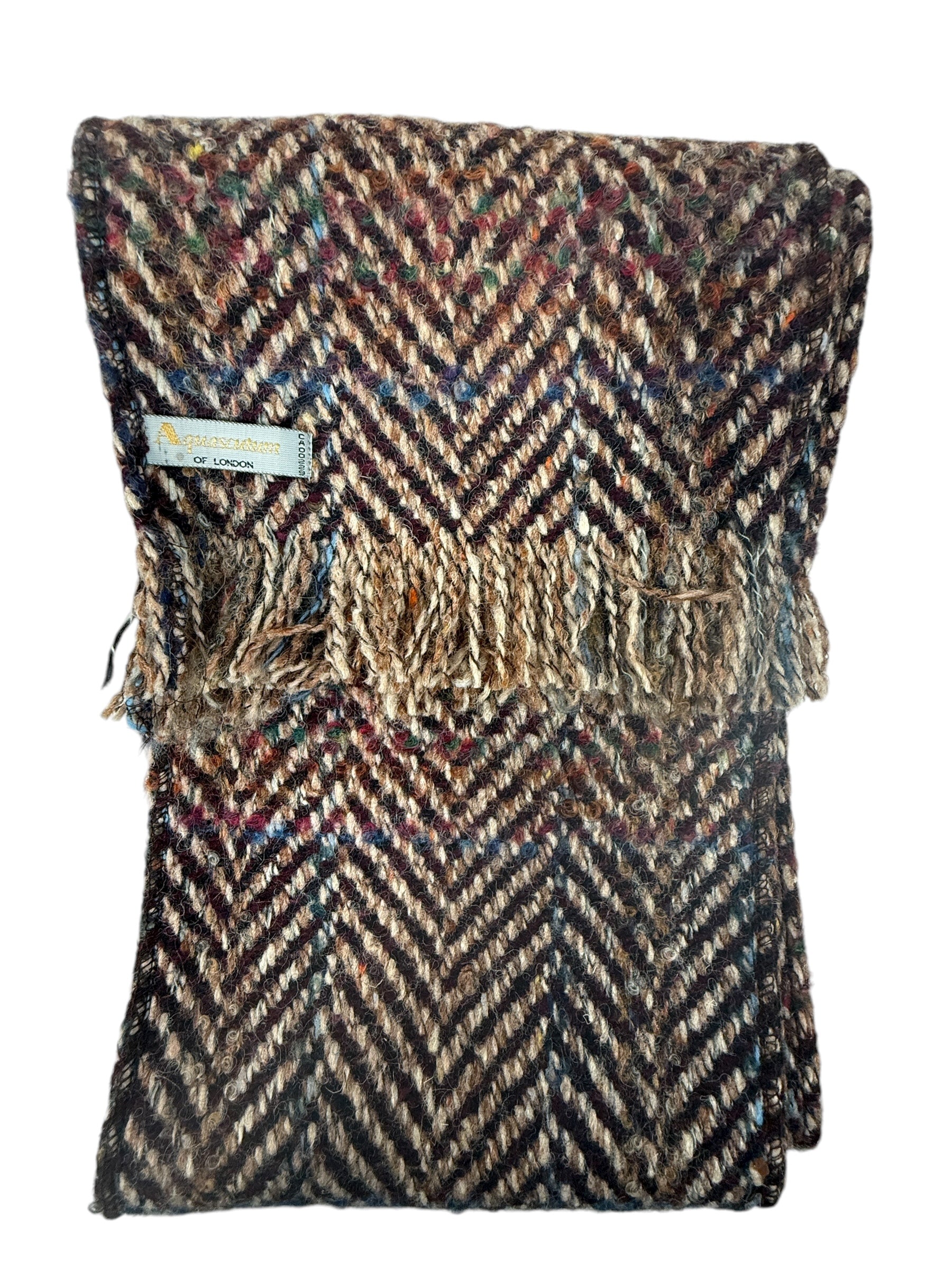 Vintage Aquascutum wool scarf with tweed herringbone weave and fringe. Quality British winter accessory in good condition. Ships from Canada.