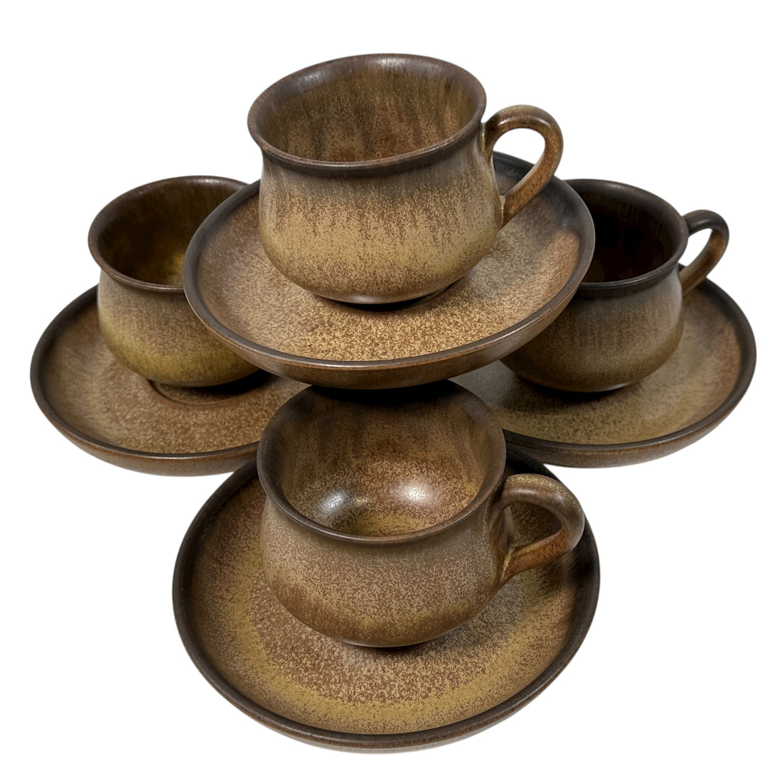 Vintage Denby England stoneware tea set, 10-piece matching speckled beige collection. Cups, saucers, plates, creamer, sugar bowl. Durable and collectible.