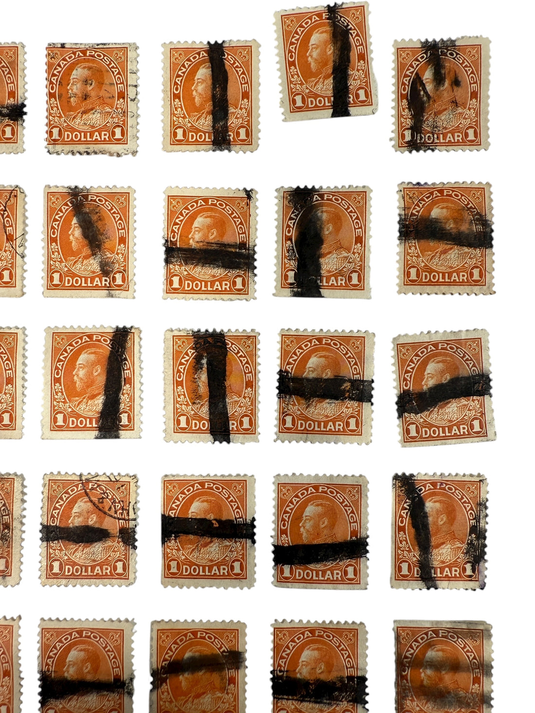 Three complete sheets (120 total) of Canada Scott #122 $1 King George V stamps with fiscal pen cancels. Early 1900s revenue history. Great collector value.