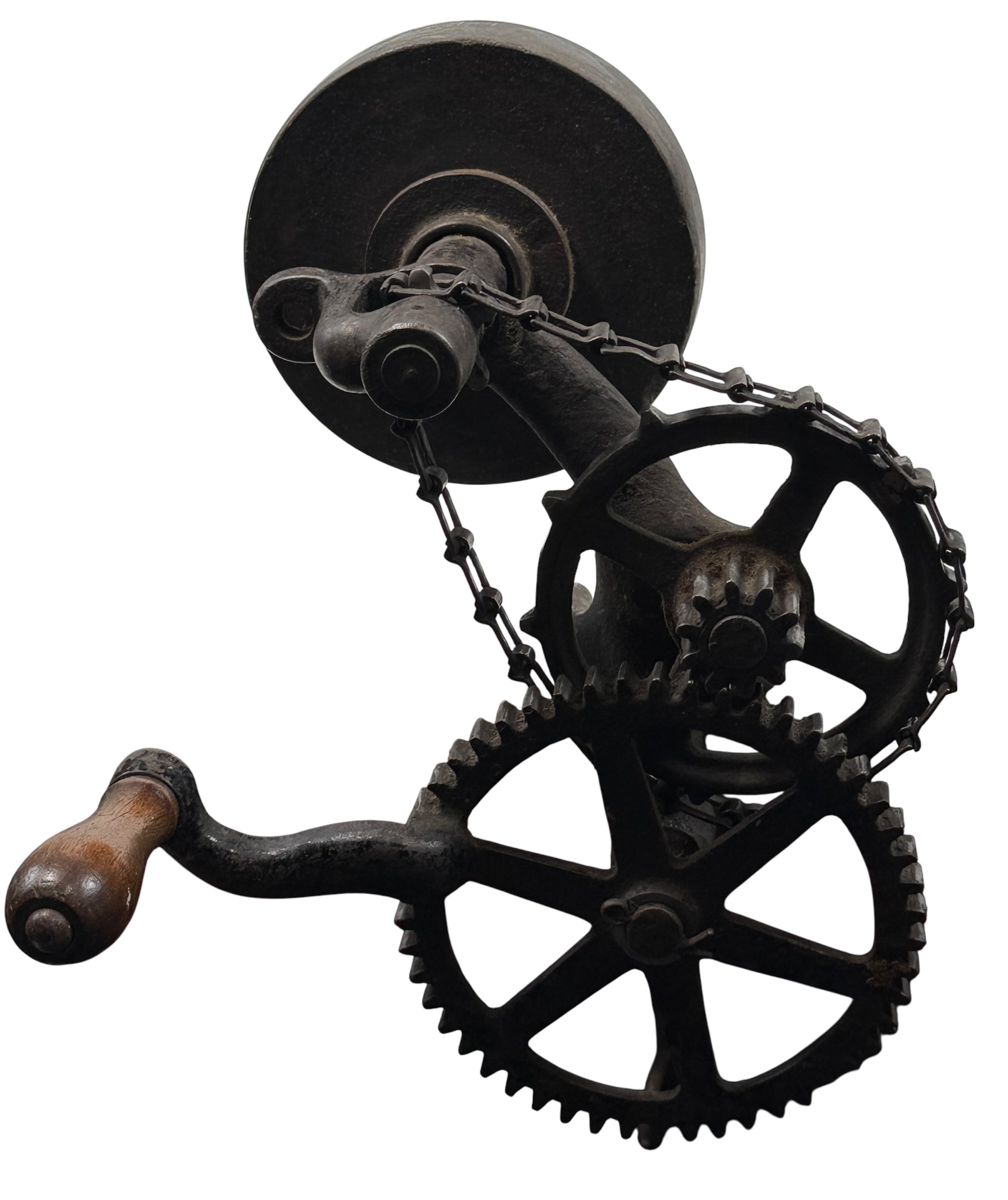 Working antique clamp-on cast-iron grinder with chain drive. Compact 19th-century sharpening tool, fully functional. Industrial décor or collector piece.