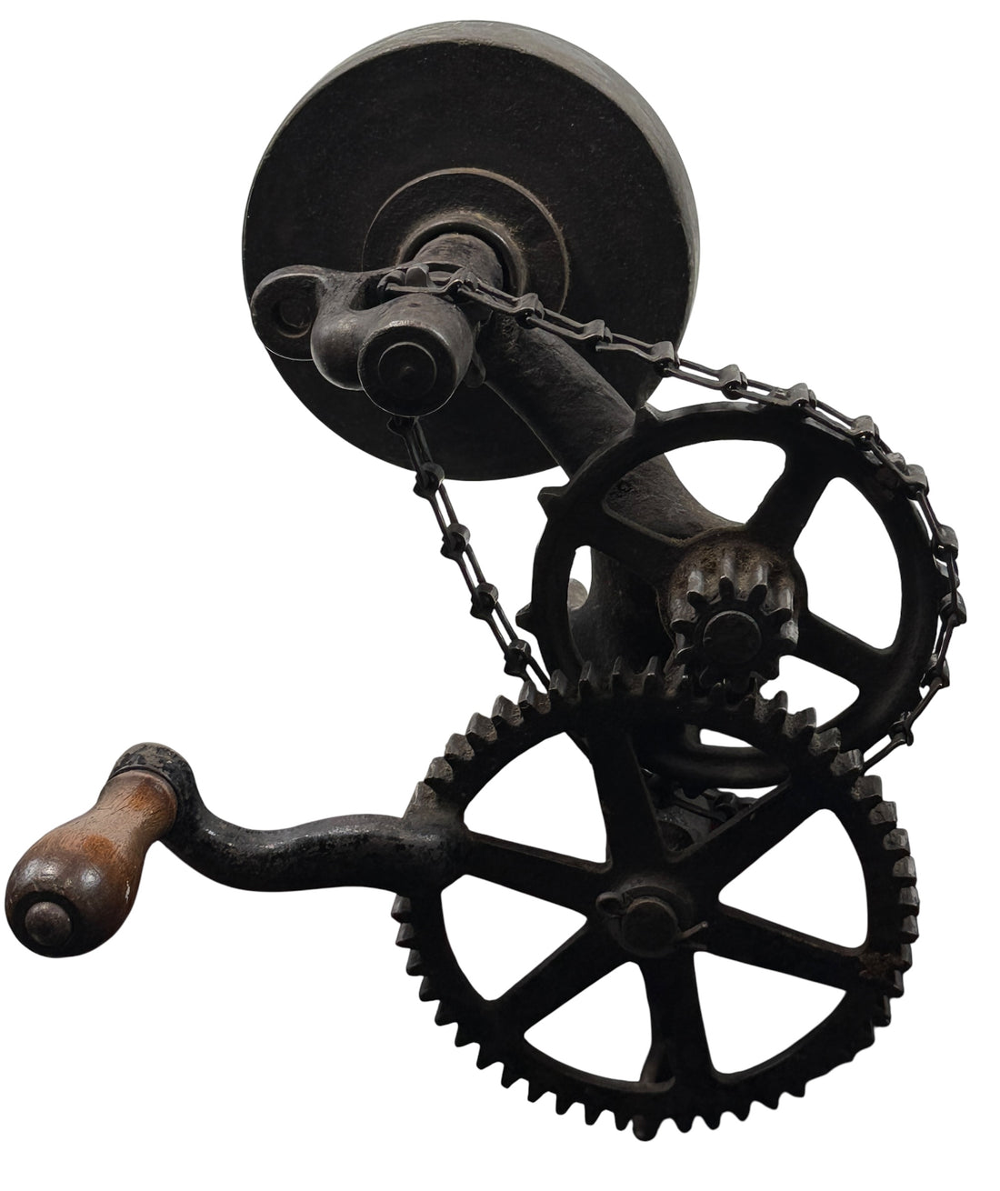 Working antique clamp-on cast-iron grinder with chain drive. Compact 19th-century sharpening tool, fully functional. Industrial décor or collector piece.
