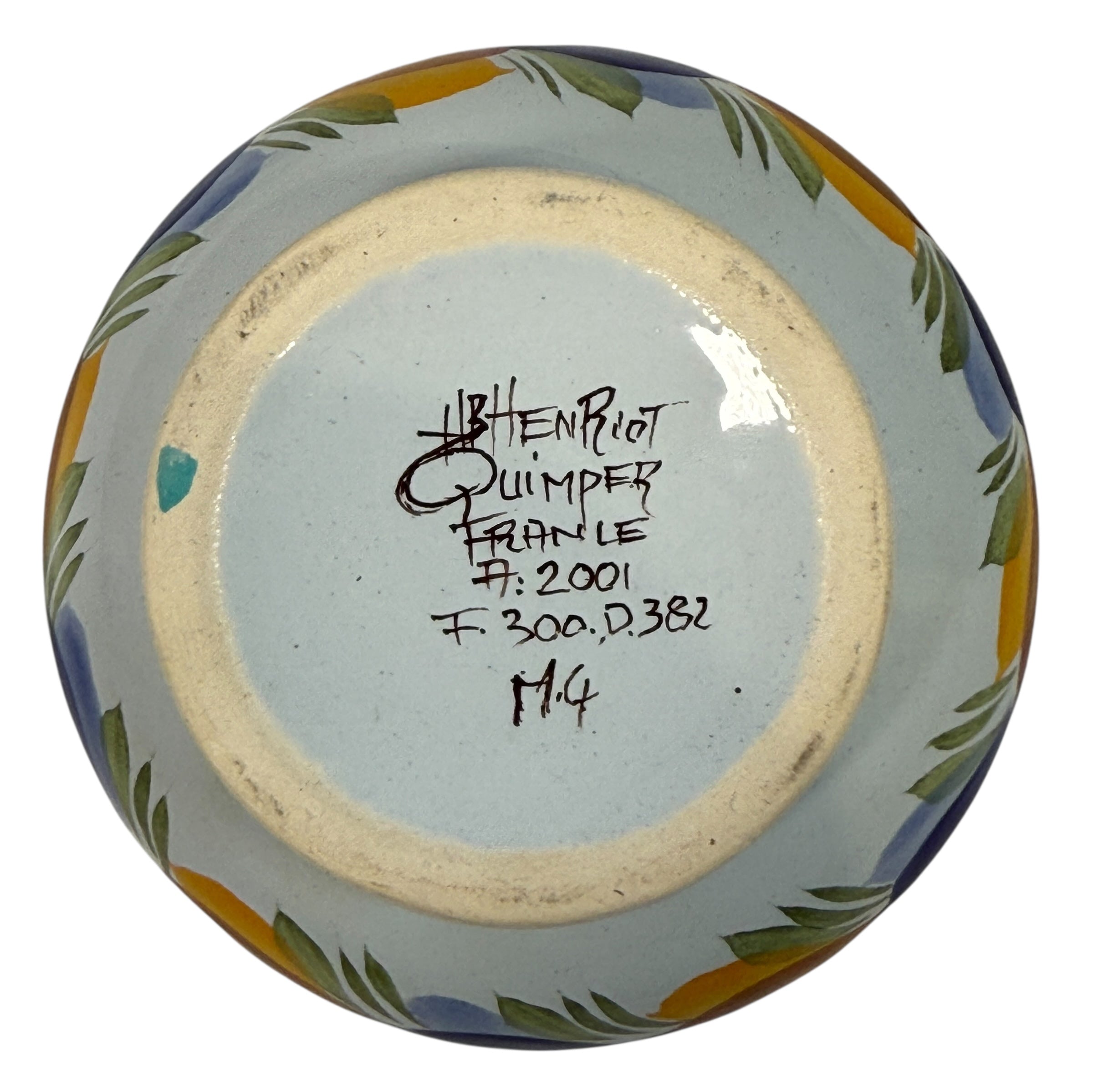 Hand-painted Henriot Quimper faience covered bowl with Breton figure lid, dated 2001. Studio-quality collectible in excellent condition. France-made ceramic.