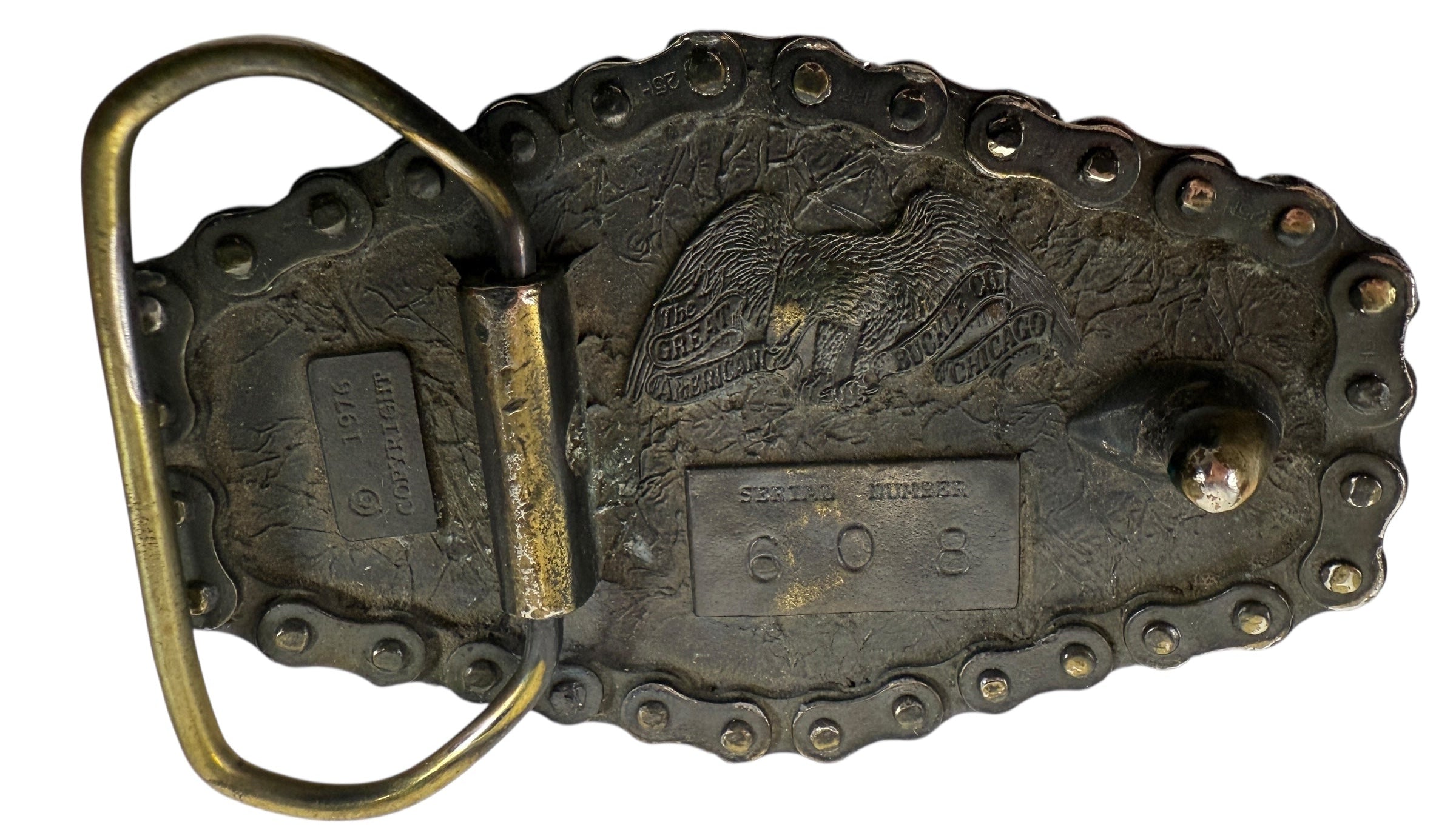 Vintage 1976 Honda motorcycle belt buckle by Great American Buckle Co. USA-made with real chain edge, authentic biker collectible.