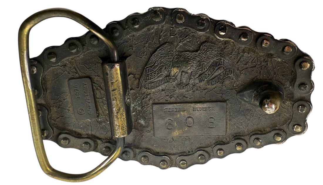 Vintage 1976 Honda motorcycle belt buckle by Great American Buckle Co. USA-made with real chain edge, authentic biker collectible.